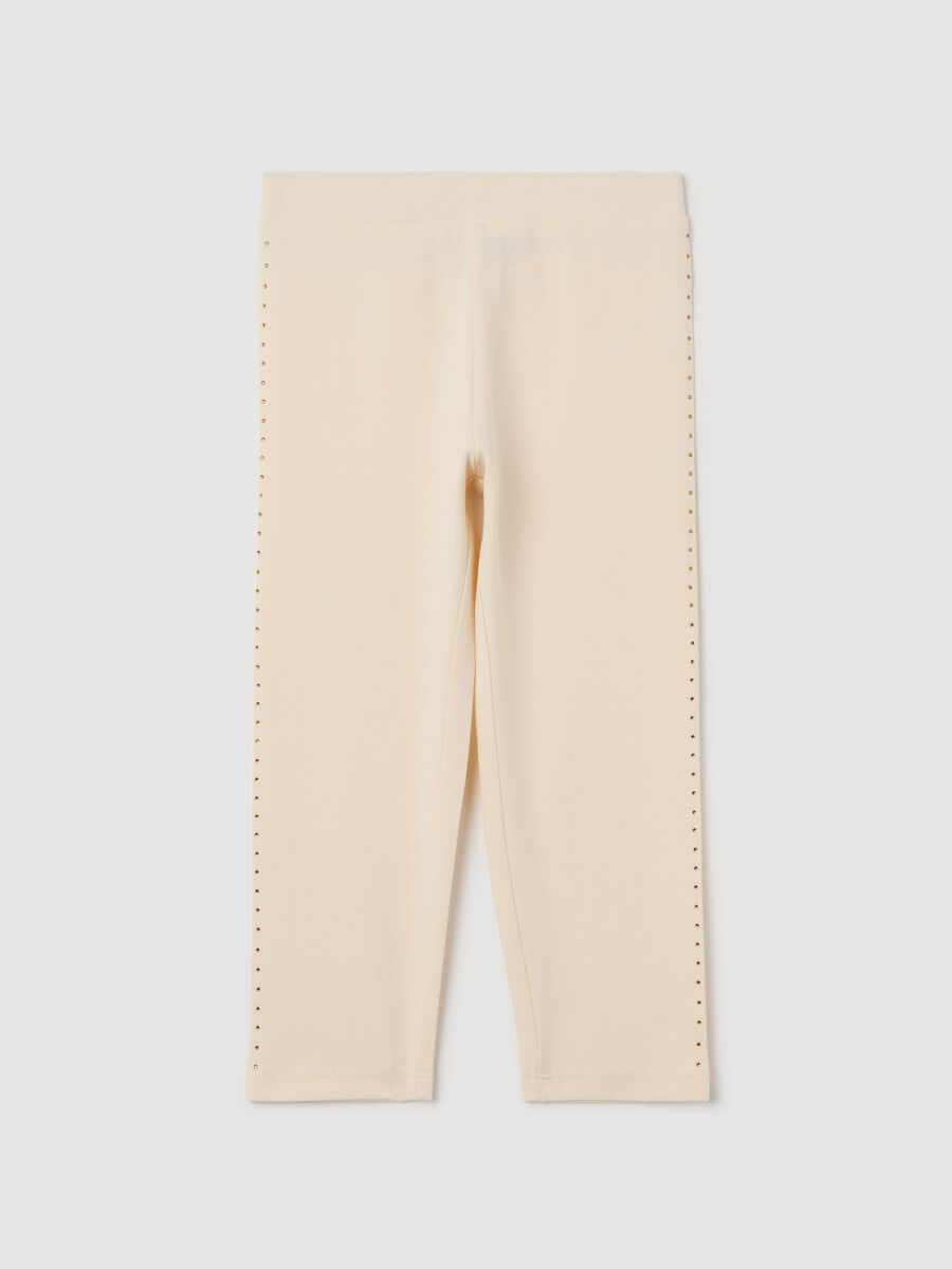 Beige three-quarter leggings in stretch cotton with diamantés_0