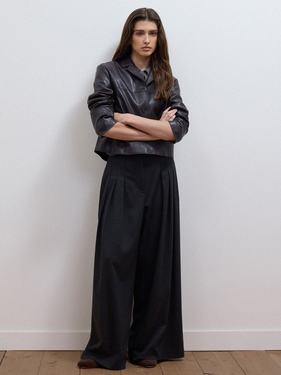 Grey wide-leg formal trousers in stretch viscose with belt_0