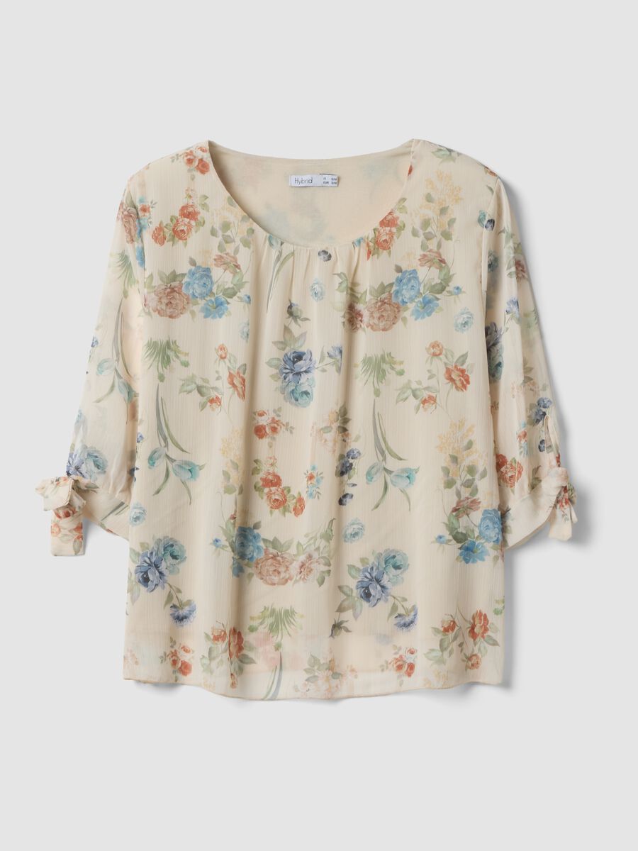 Blusa beige a fiori con maniche lunghe regular fit_0