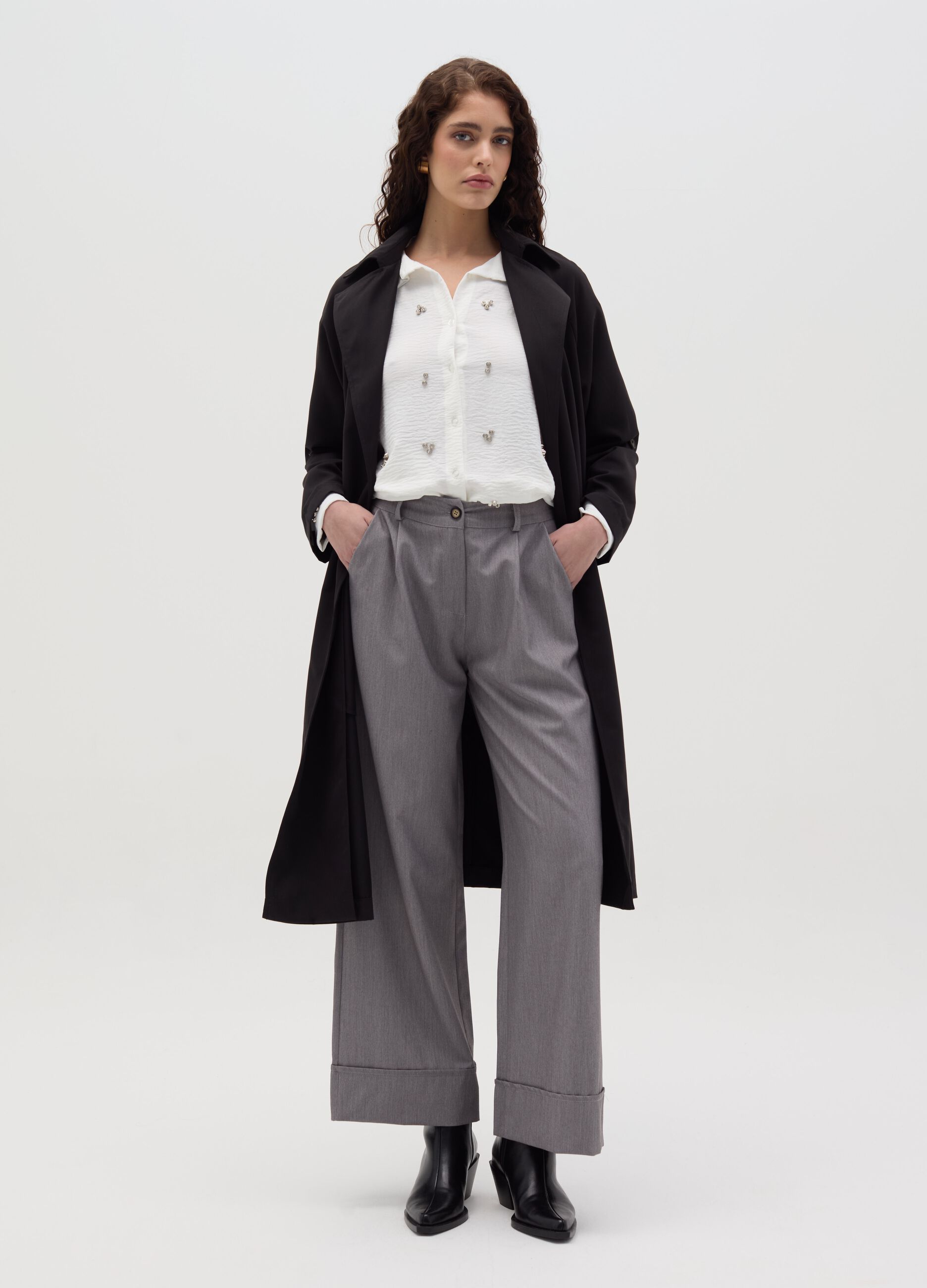 Wide-leg mélange trousers