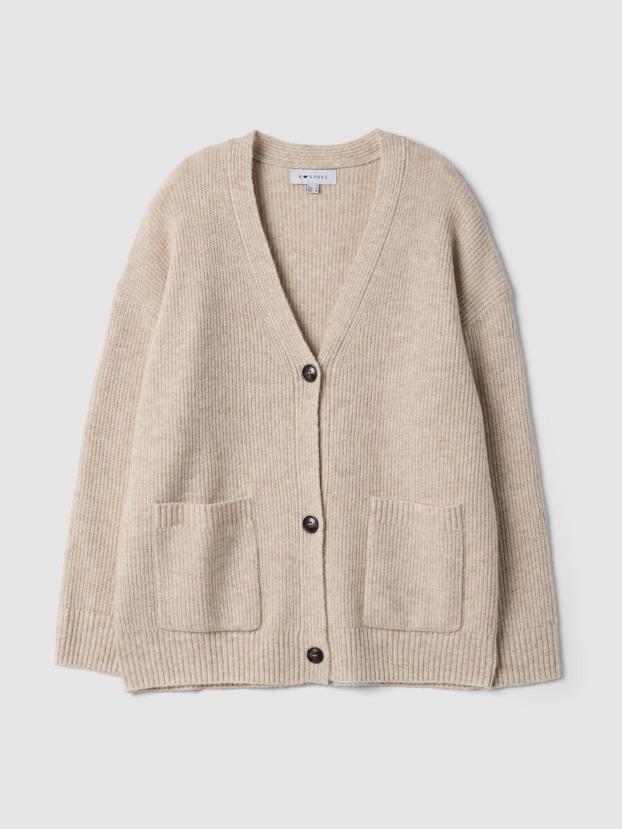 Beige stretch cardigan with deep V-neck_0