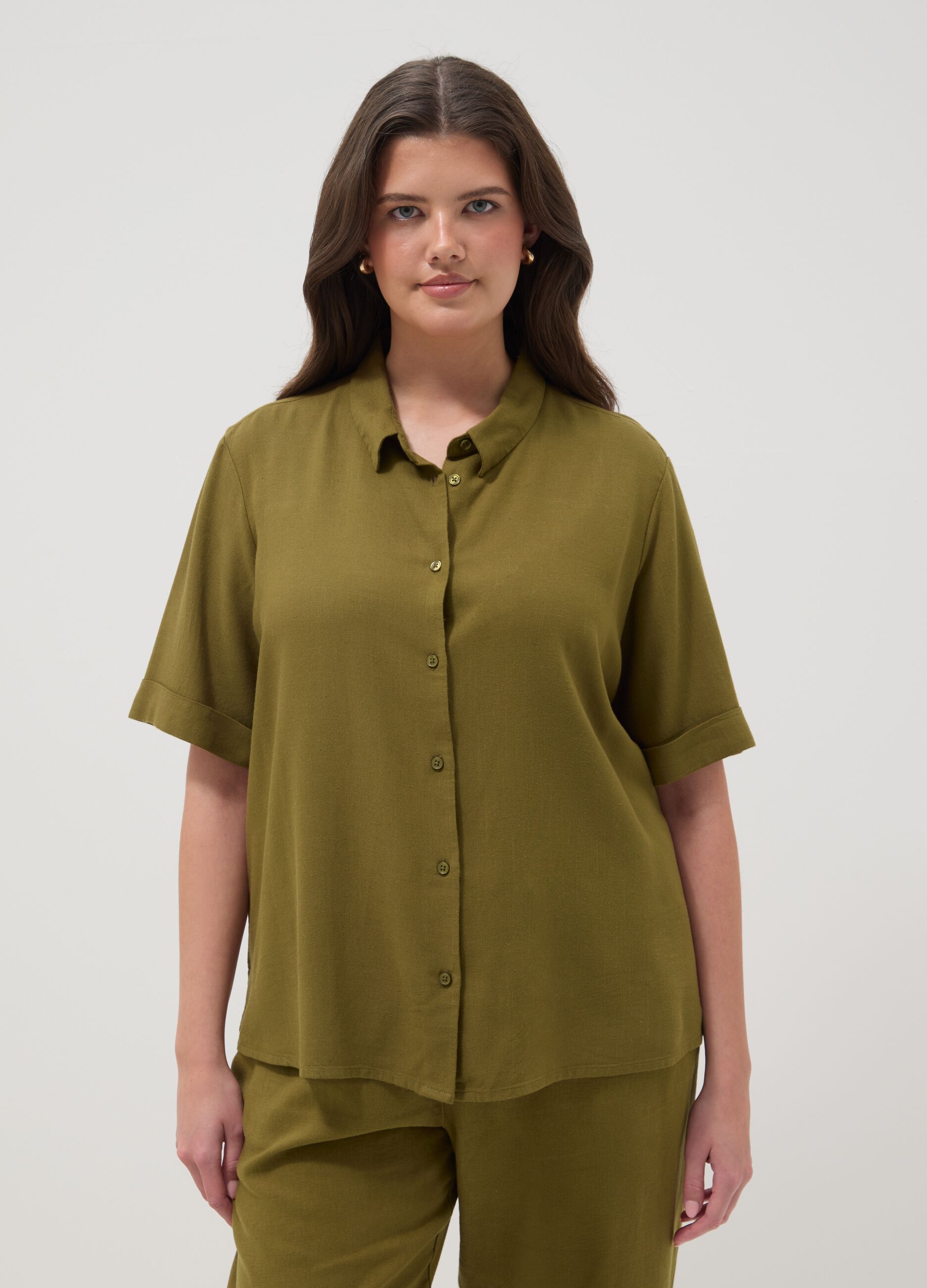 Green viscose-linen blend shirt, regular fit