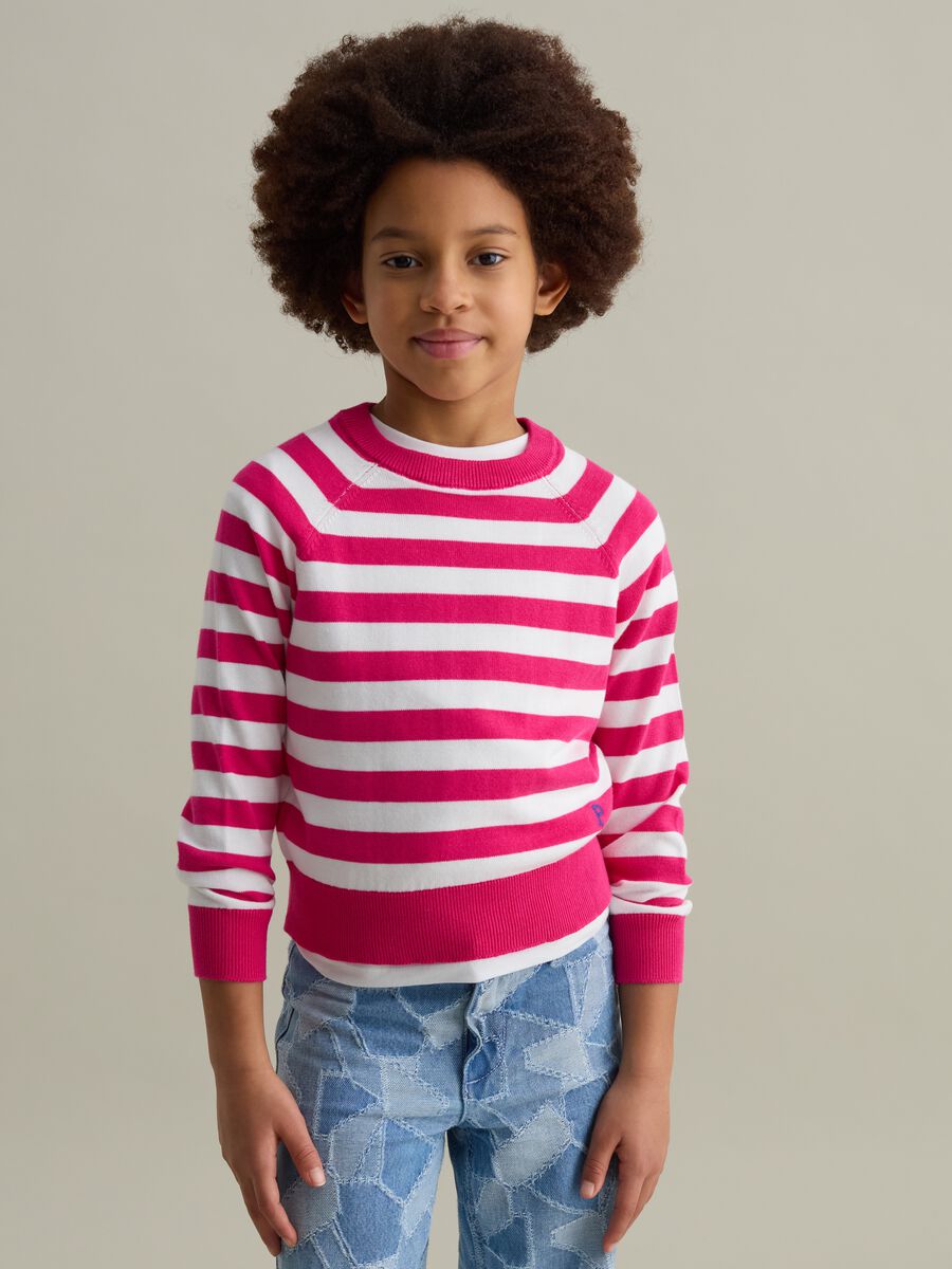 Striped cotton pullover with logo embroidery_0