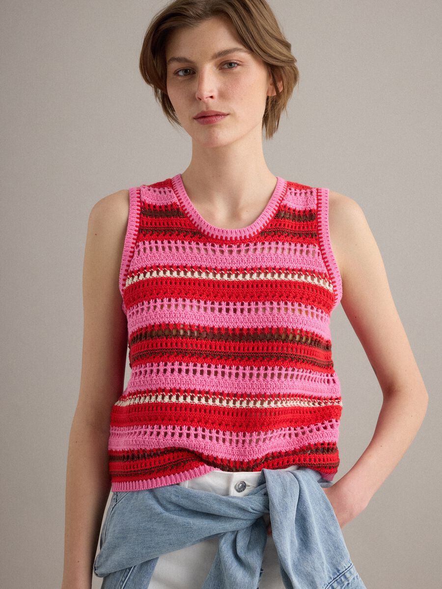 Multicolour striped pure cotton knitted vest, regular fit_0