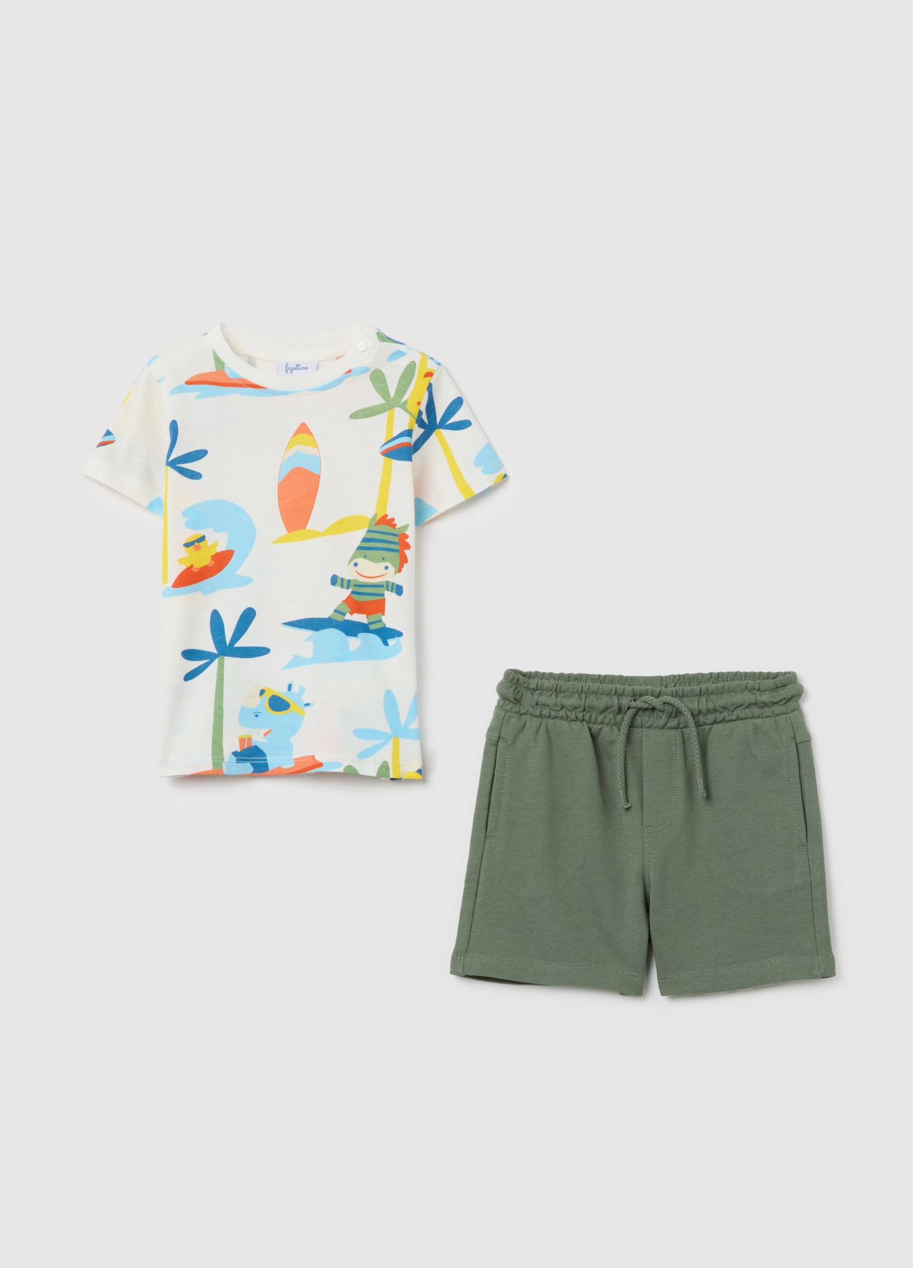 White and green jogging set in cotton with print