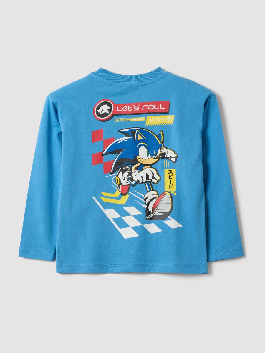T-shirt azzurra in jersey di puro cotone con girocollo e stampa Sonic_1