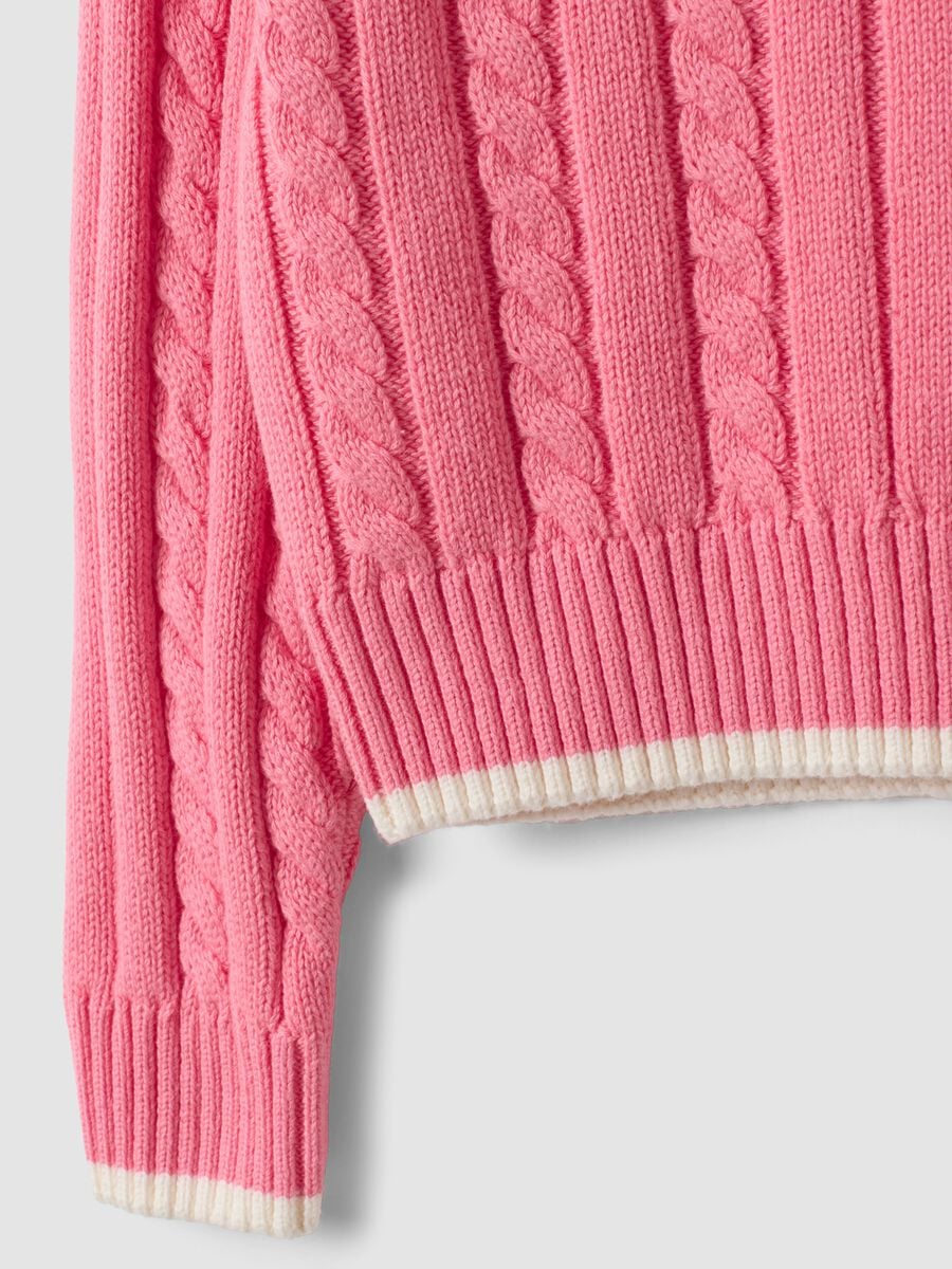 Maglia rosa in puro cotone a trecce con scollo a V per bambina_3