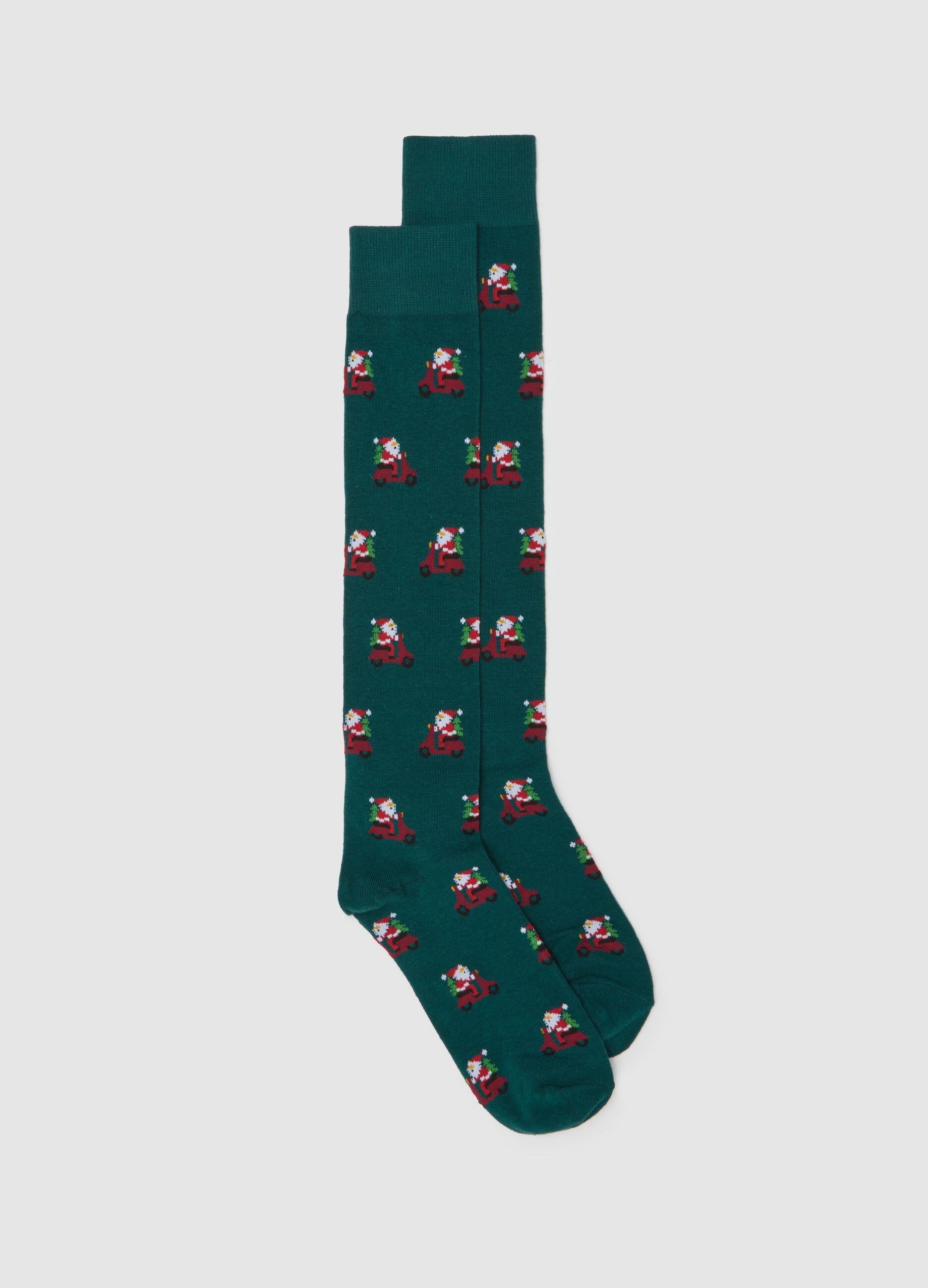 Green cotton blend Christmas long socks