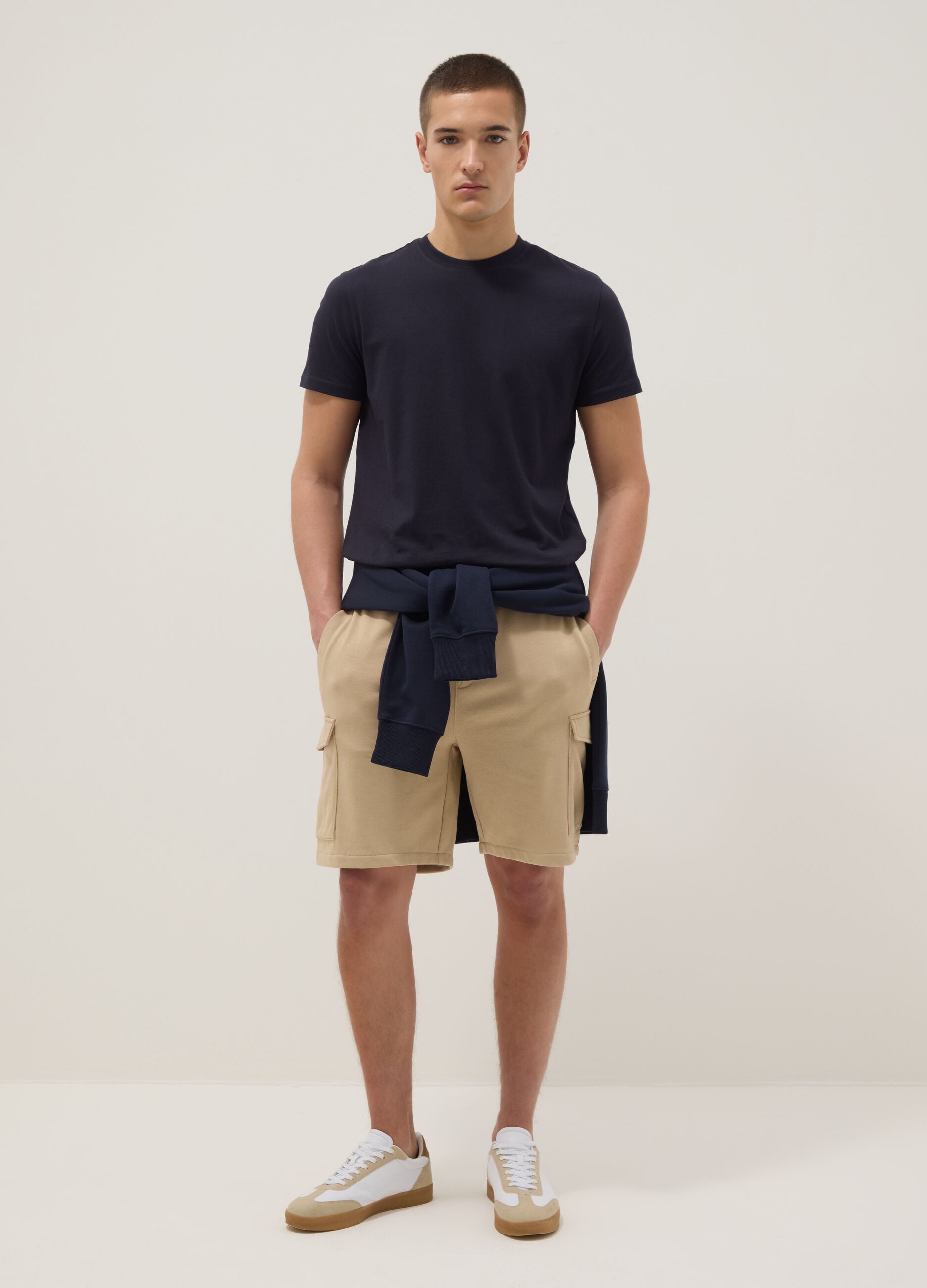 Beige cotton-blend cargo bermuda shorts