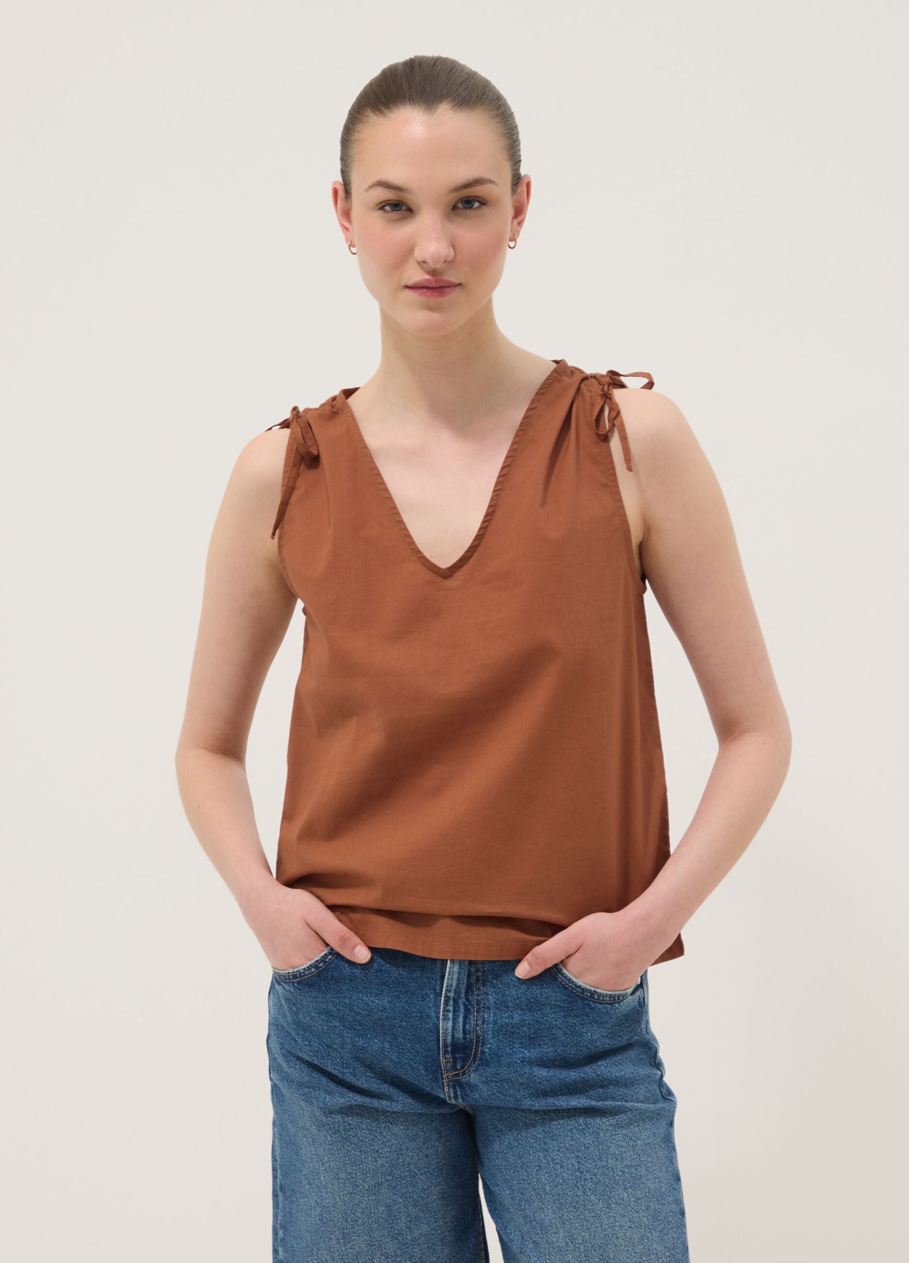 Brown pure cotton V-neck blouse