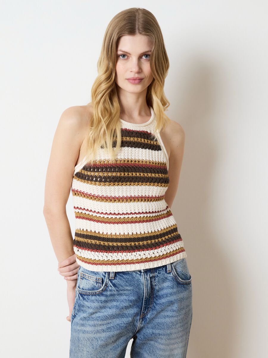 Beige and brown striped crochet tank top with lurex details_2