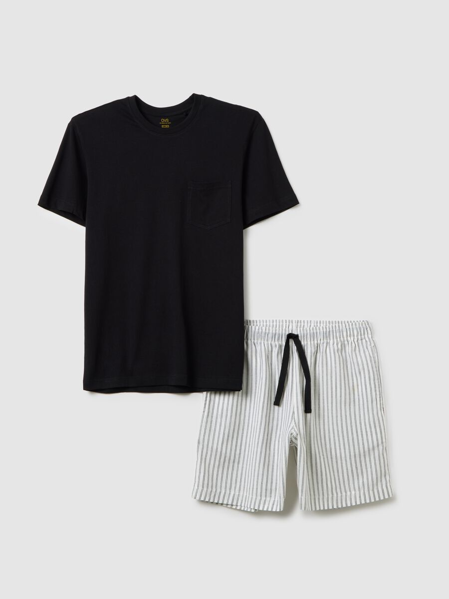 Men's pyjamas in pure black cotton, regular fit with checked shorts_4