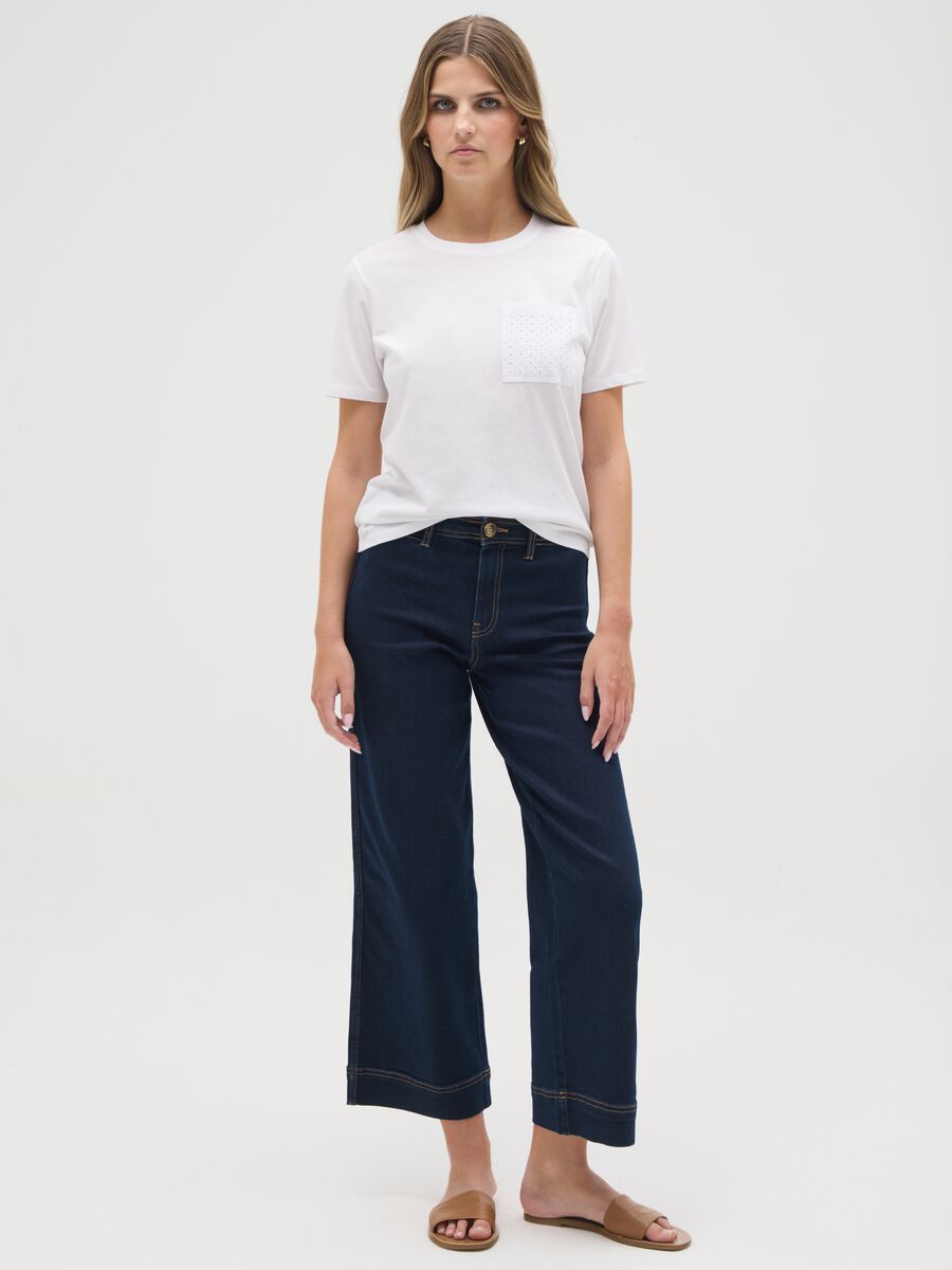 Women's white pure cotton regular fit t-shirt with embroidered pocket_1