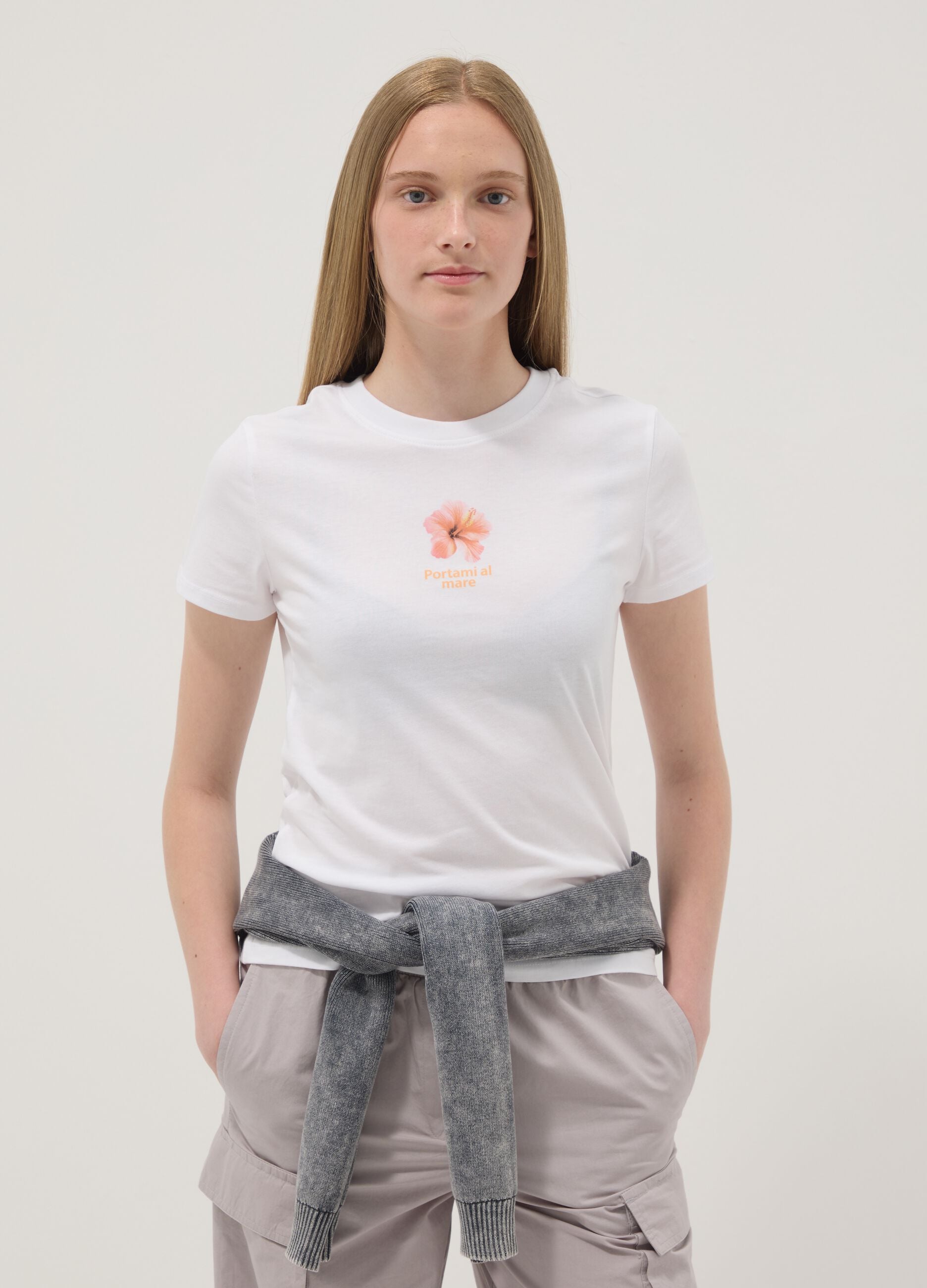 White pure cotton T-shirt with front print