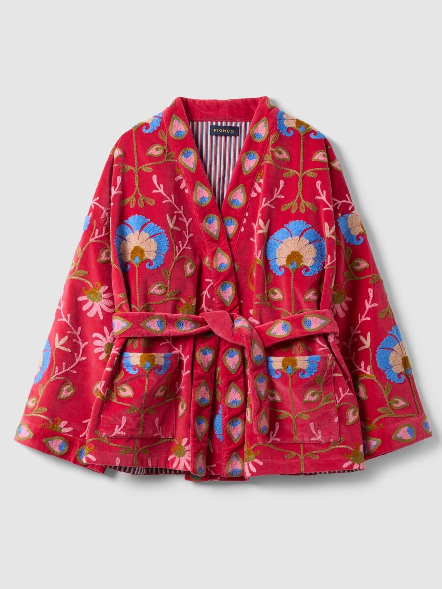 Oversized fit multicolour pure cotton kimono with floral embroidery_4