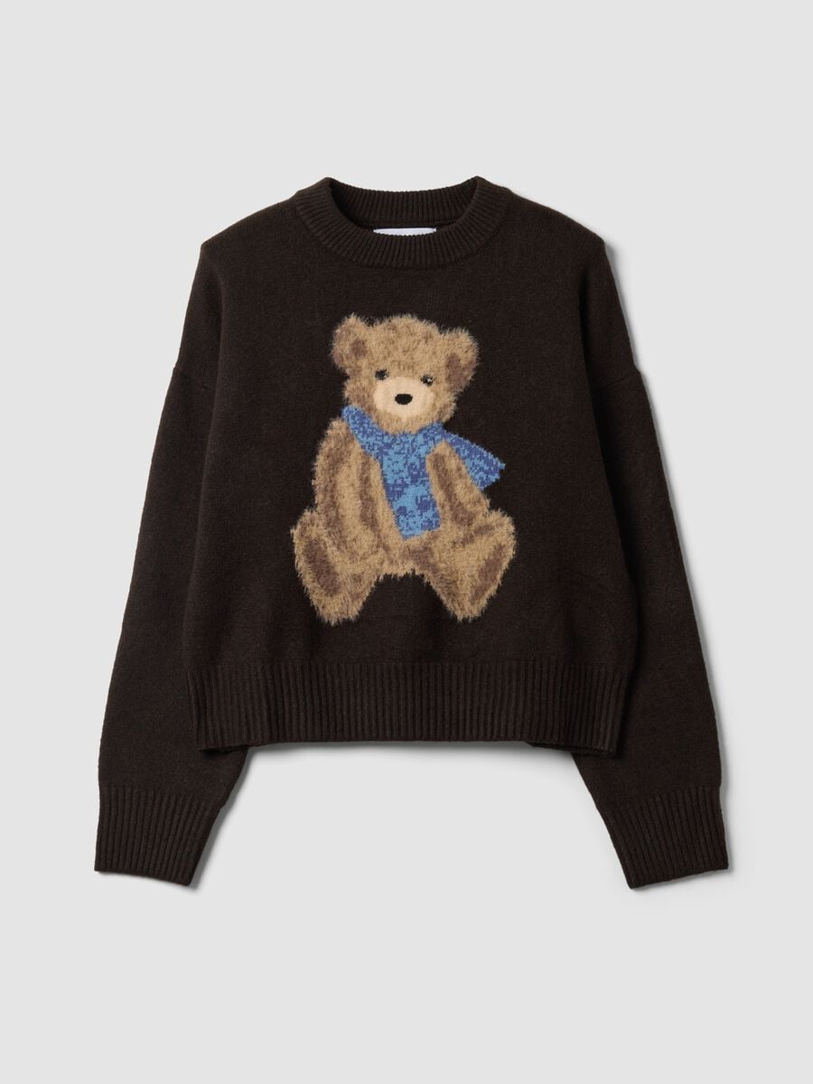 Brown stretch-viscose jumper with teddy bear motif_0