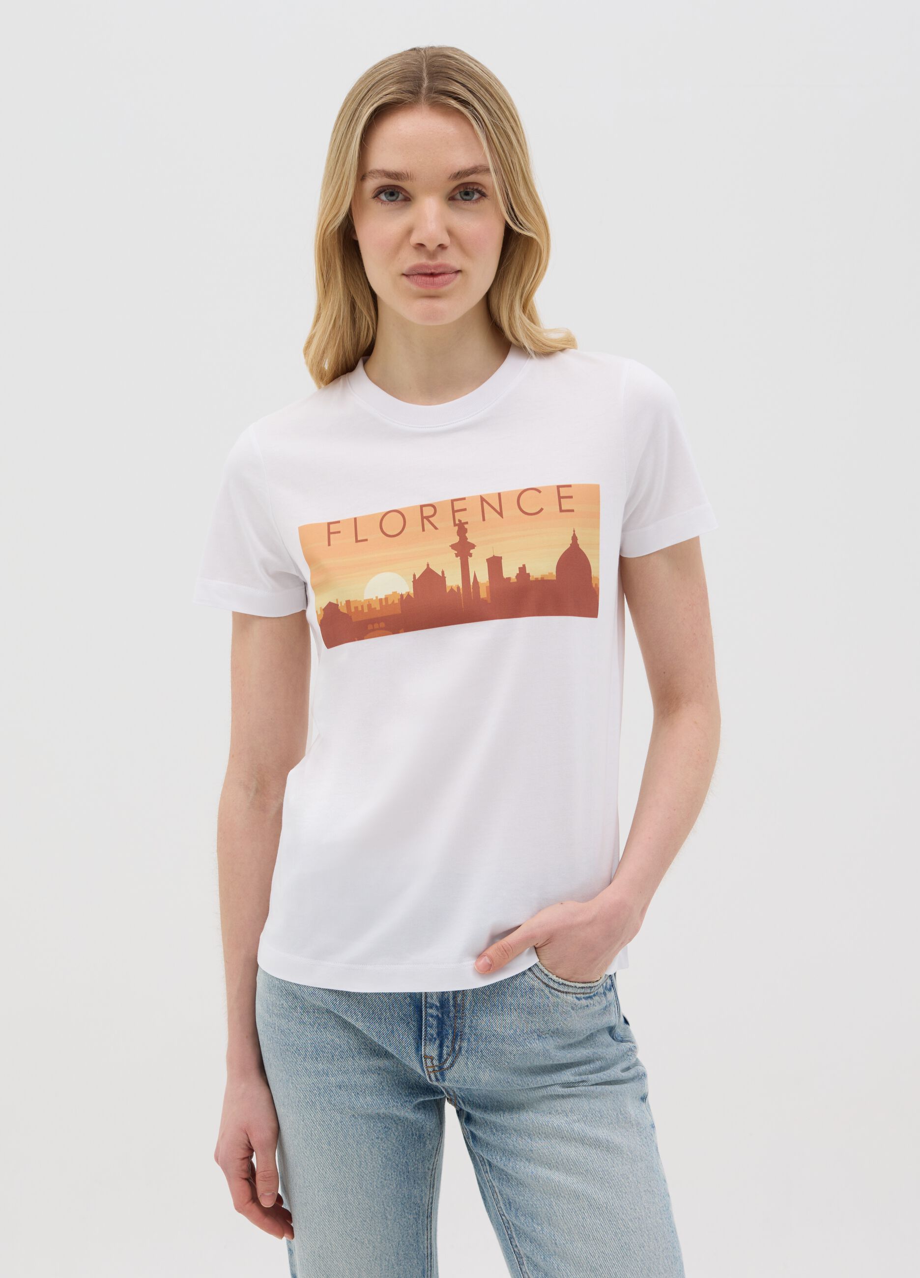White T-shirt with Florence Ovs print
