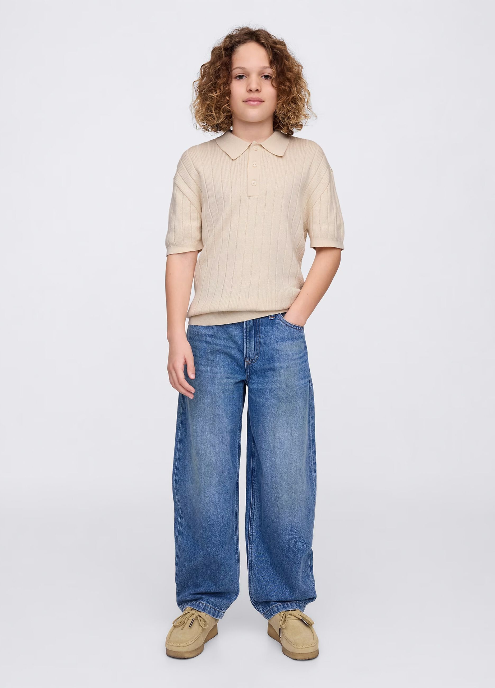 Beige polo shirt with short sleeves in cotton