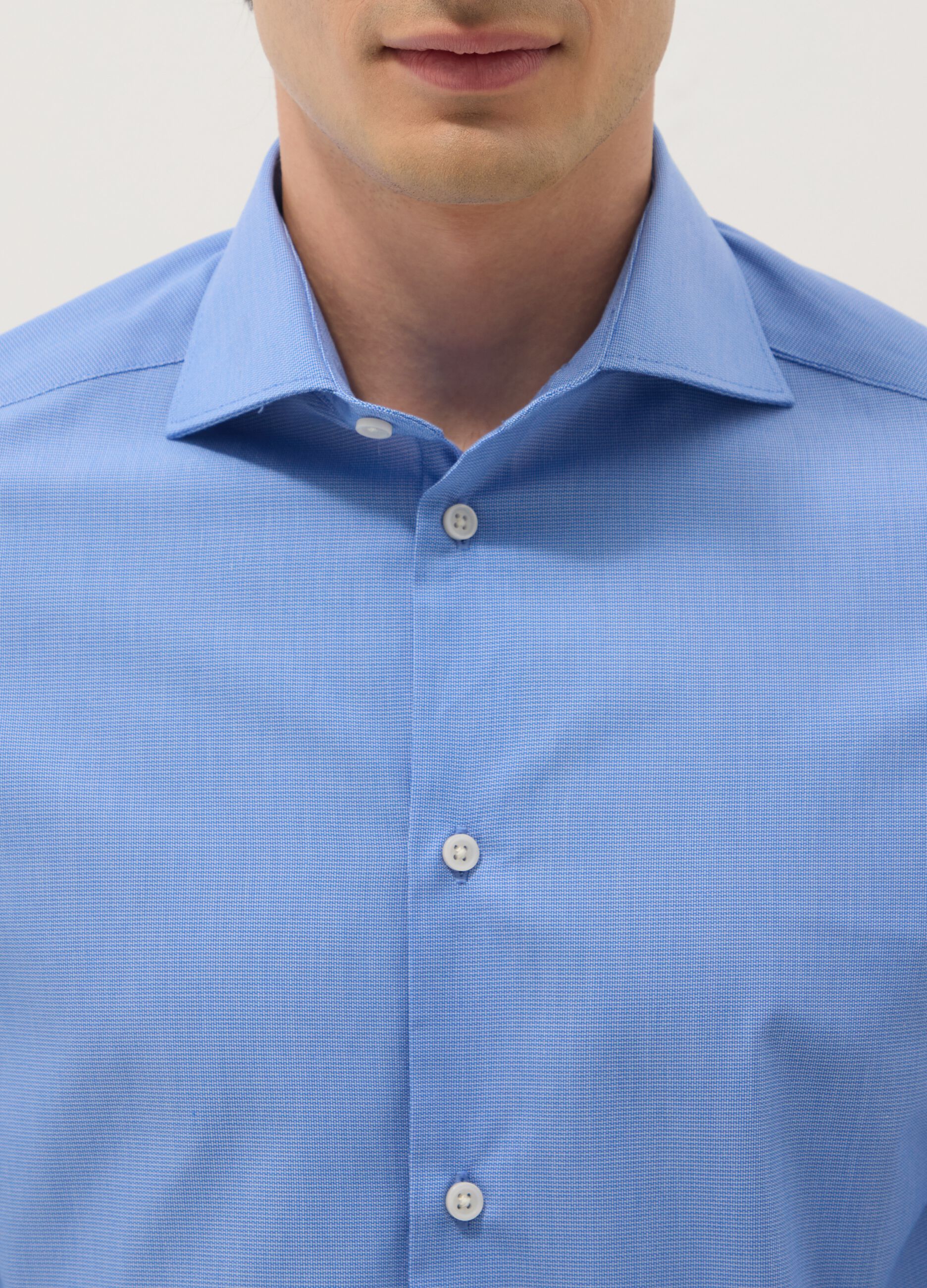 Light Blue Slim-Fit Cotton-Blend Shirt with Cutaway Collar