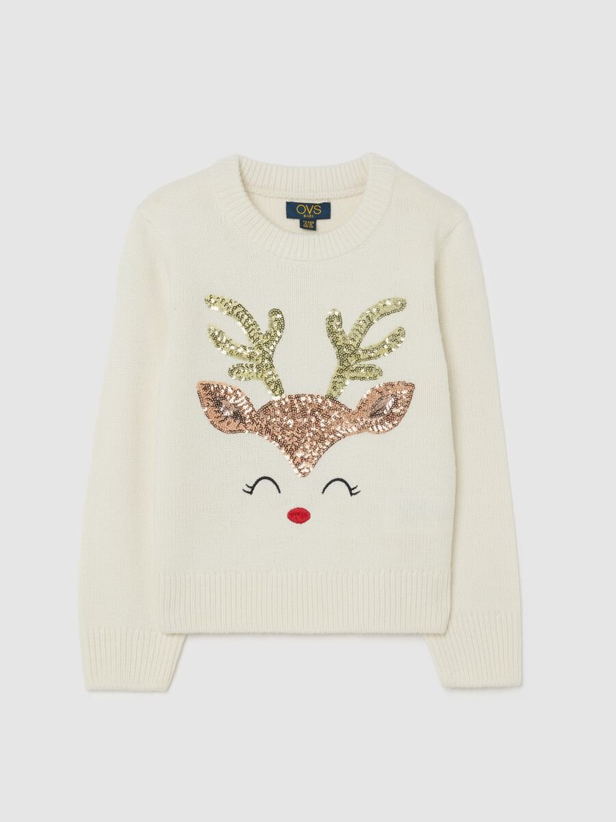 Maglione bianco da bambina regular fit con decori glitterati_0