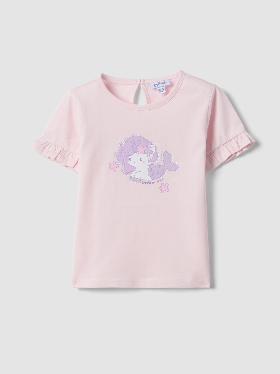 Pink pure organic cotton baby girls&rsquo; T-shirt with print and frill sleeves_0