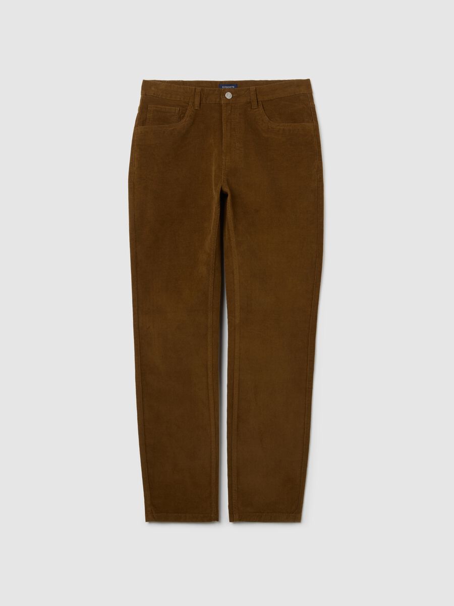 Brown stretch cotton and corduroy slim fit trousers_4