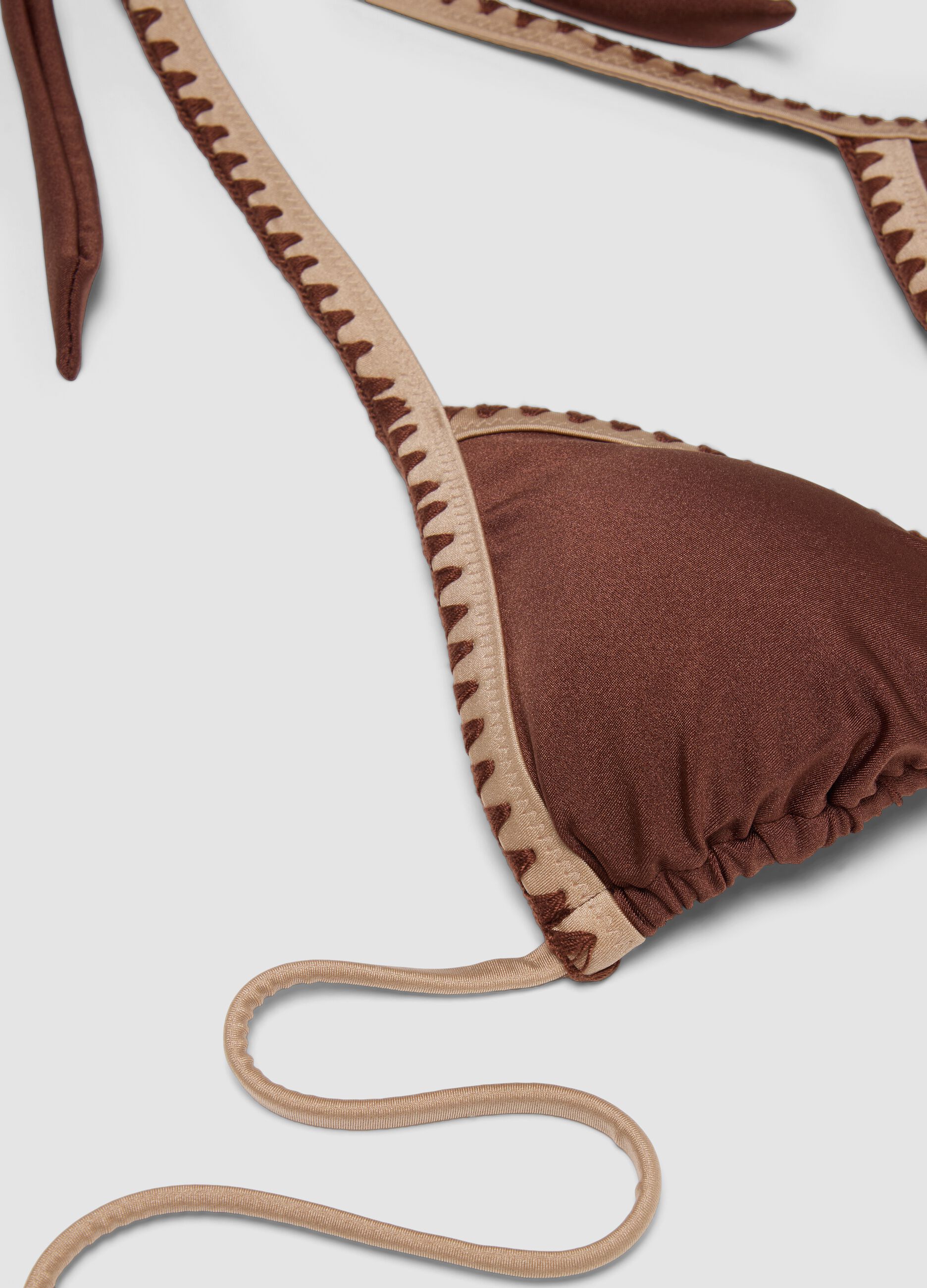 Brown triangle bikini top in stretch fabric with contrast trim