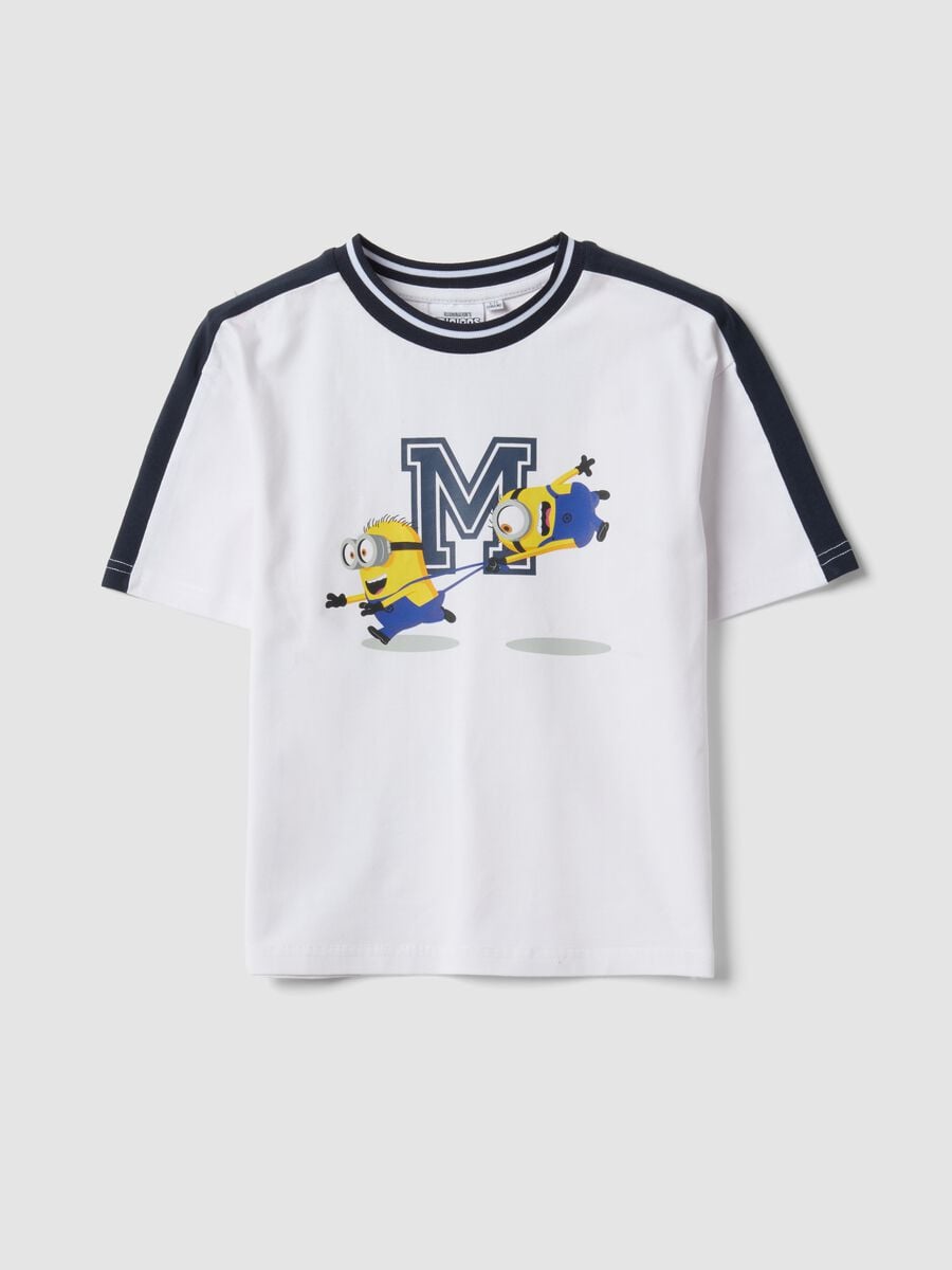 T-shirt over fit bianca in cotone elasticizzato con stampa Minions per bambino_0