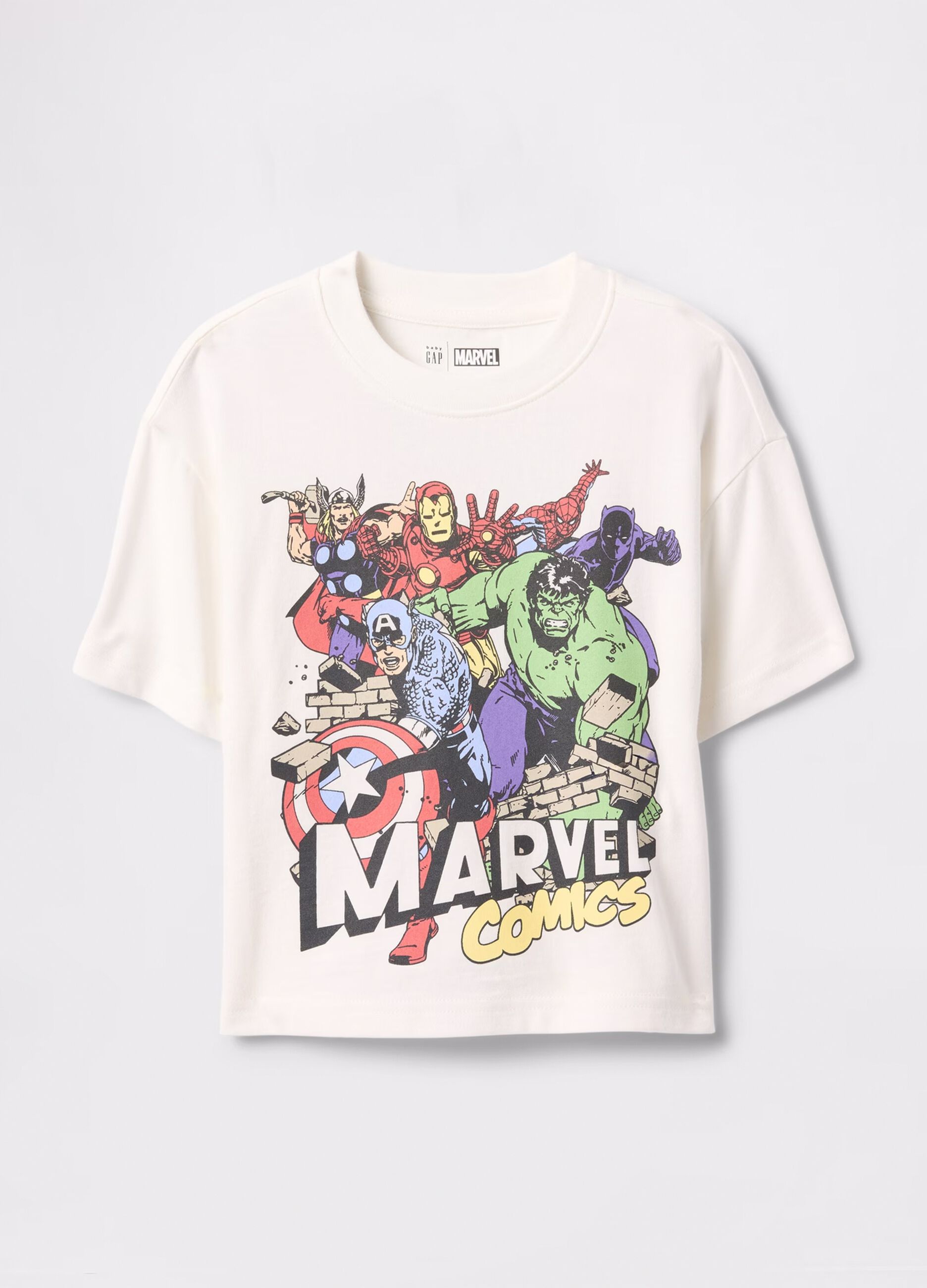 White cotton T-shirt with superheroes print