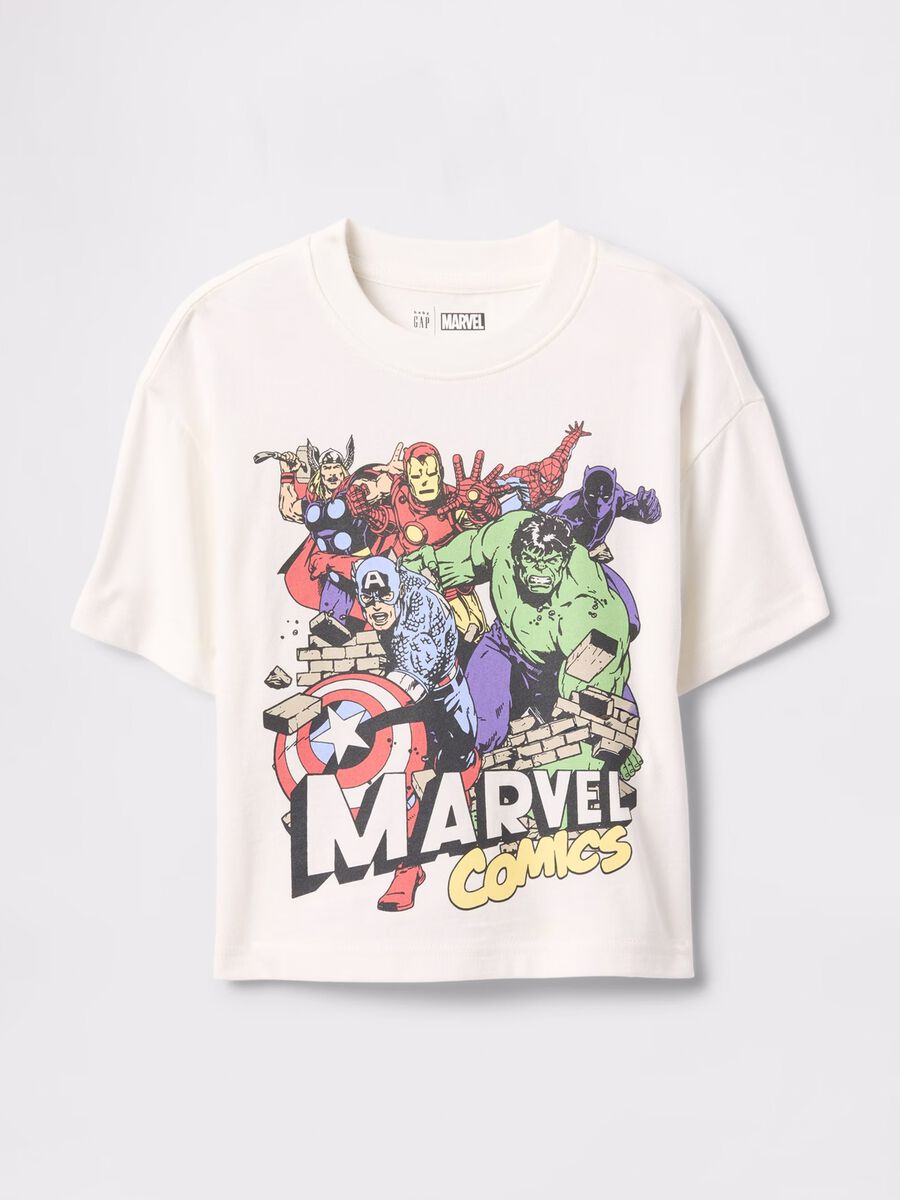 White cotton T-shirt with superheroes print_0