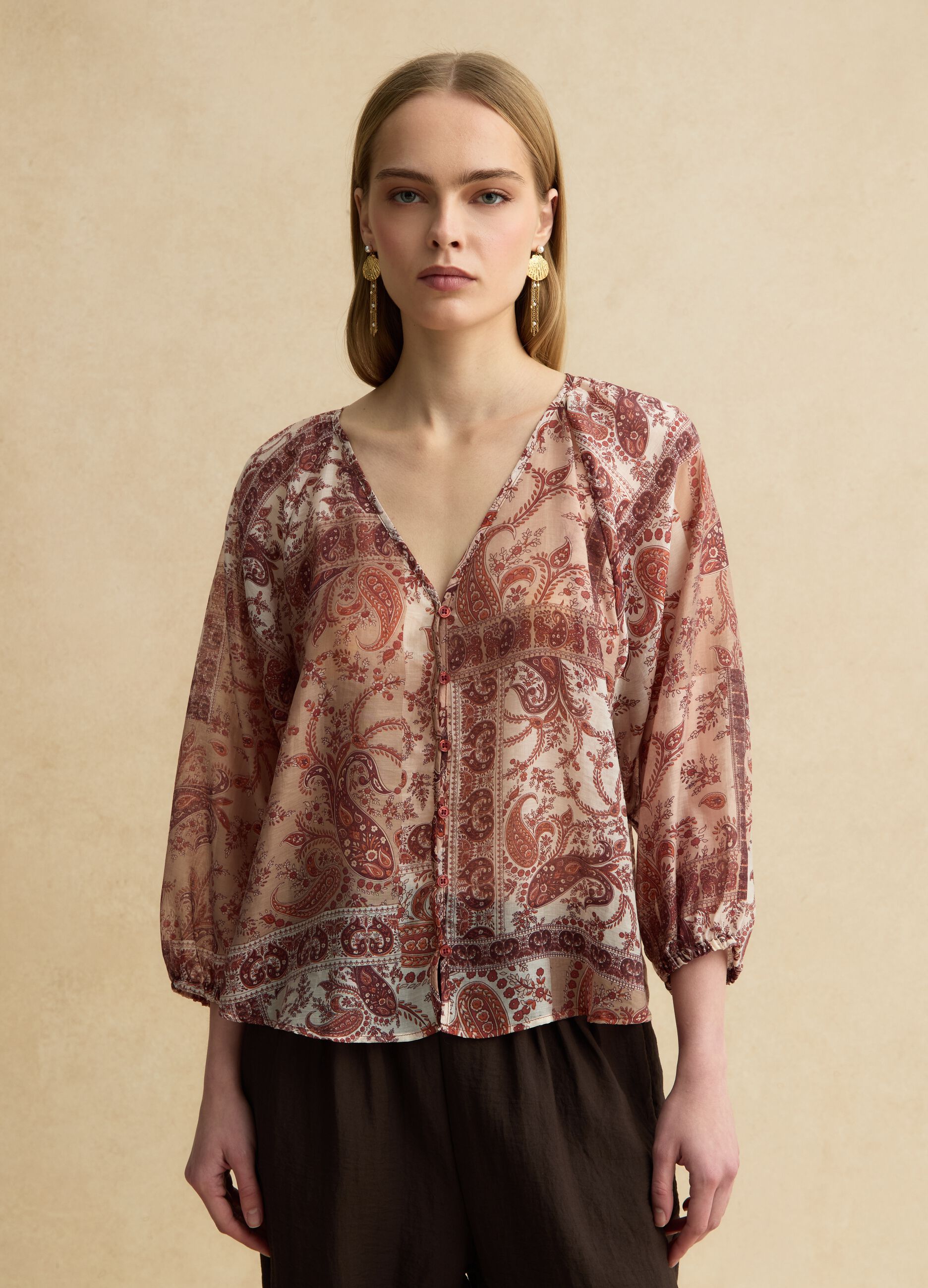 Multicolour regular fit lyocell blend blouse with buttons