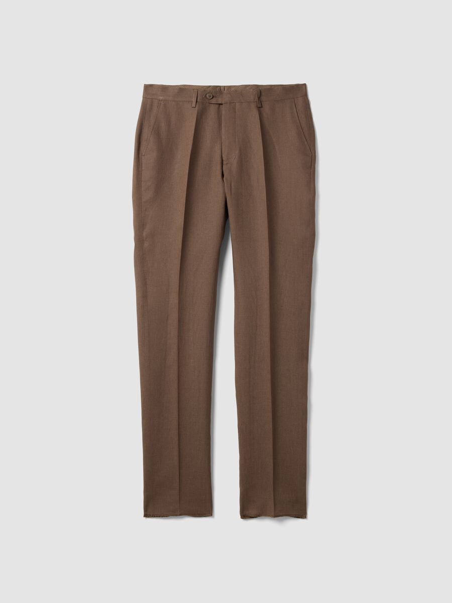 Pantaloni in puro lino marrone slim fit_4