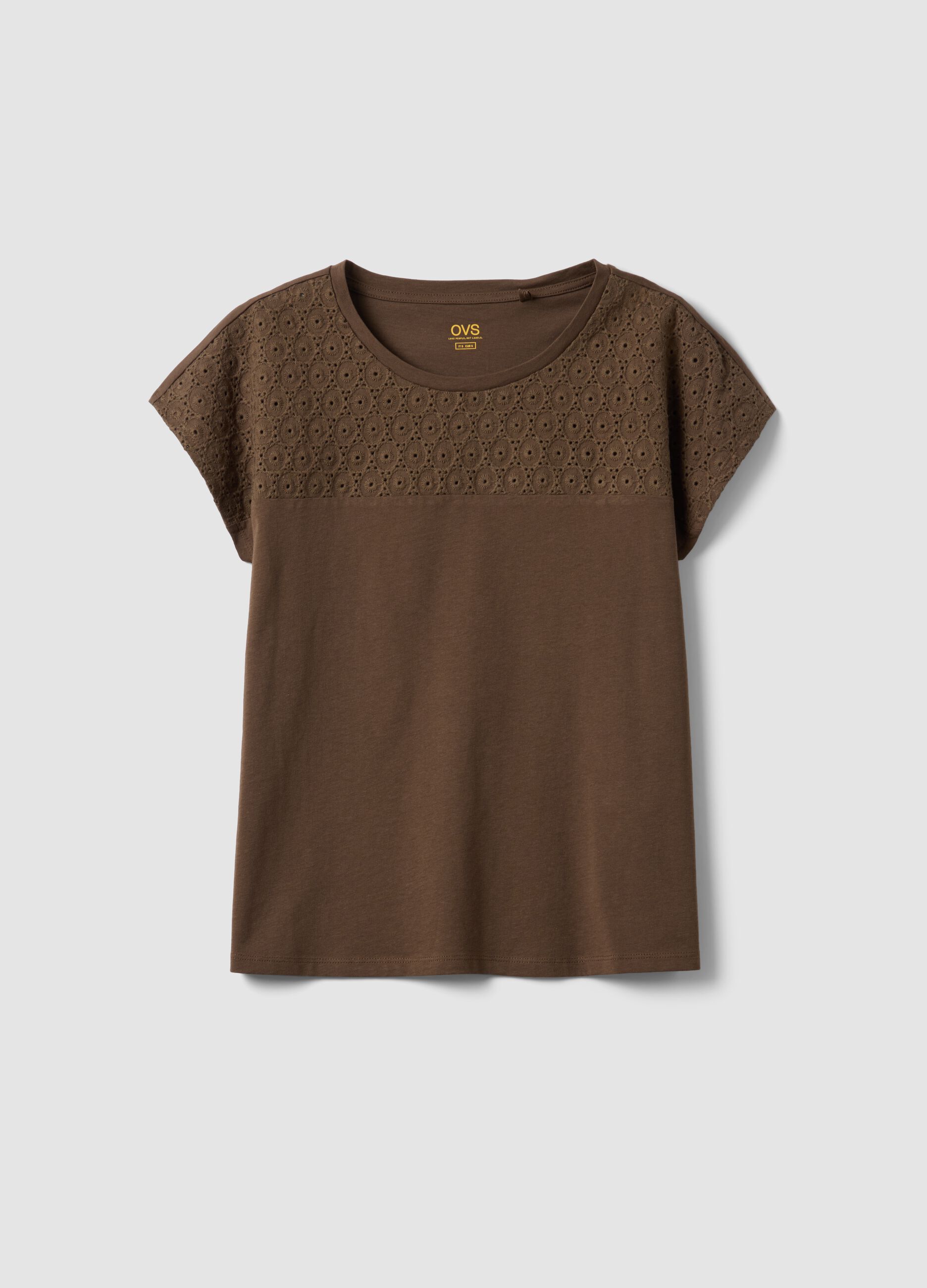 Brown pure cotton T-shirt with broderie anglaise insert