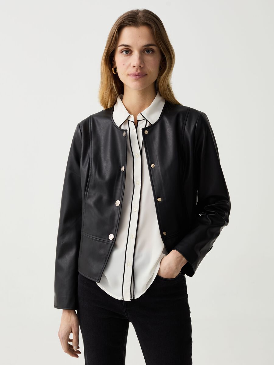 Glossy-effect jacket with buttons_0