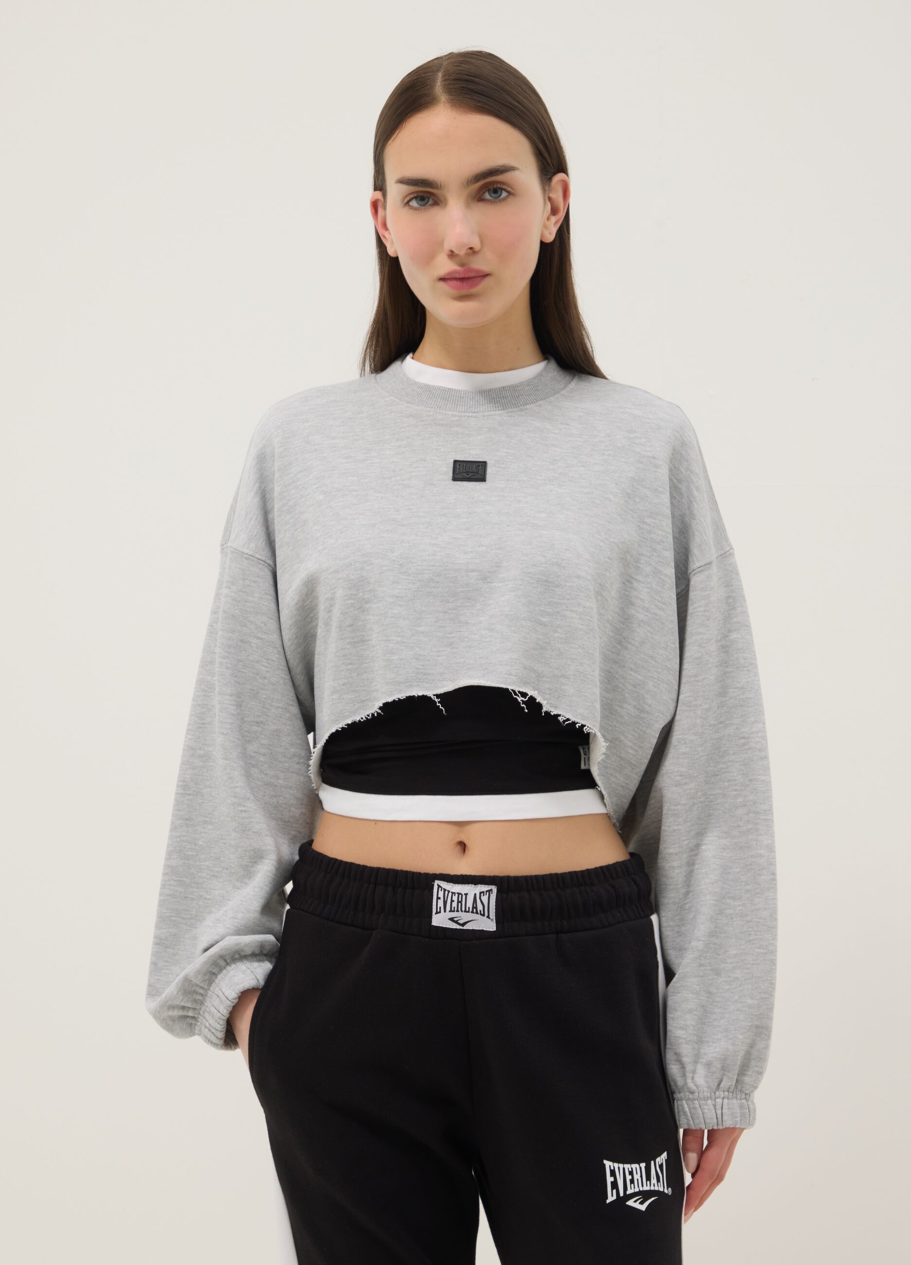 Grey cotton blend cropped sweatshirt with regular fit