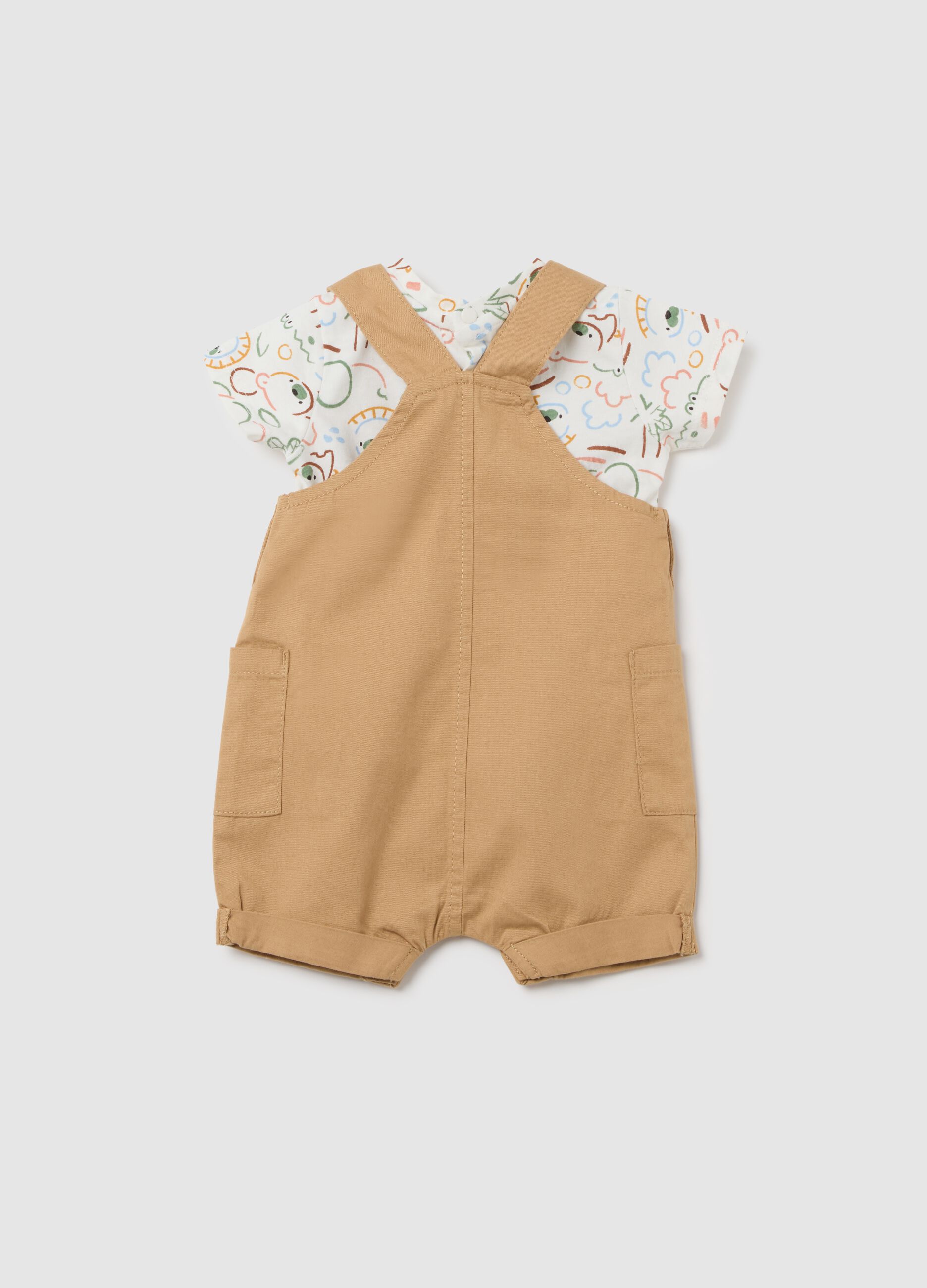 Salopette da neonato in puro cotone marrone con tasche applicate