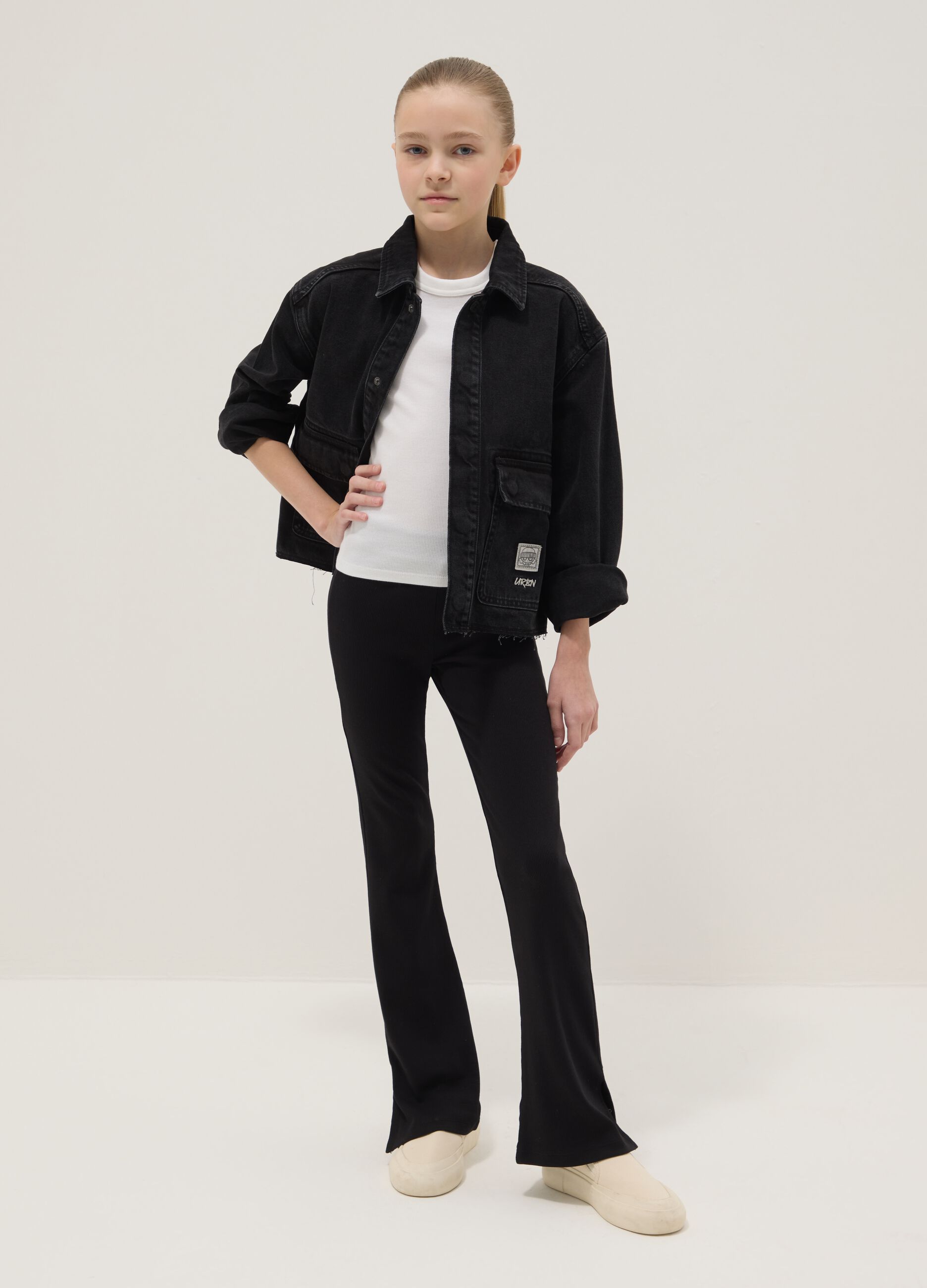 Black stretch cotton girls&rsquo; flare leggings