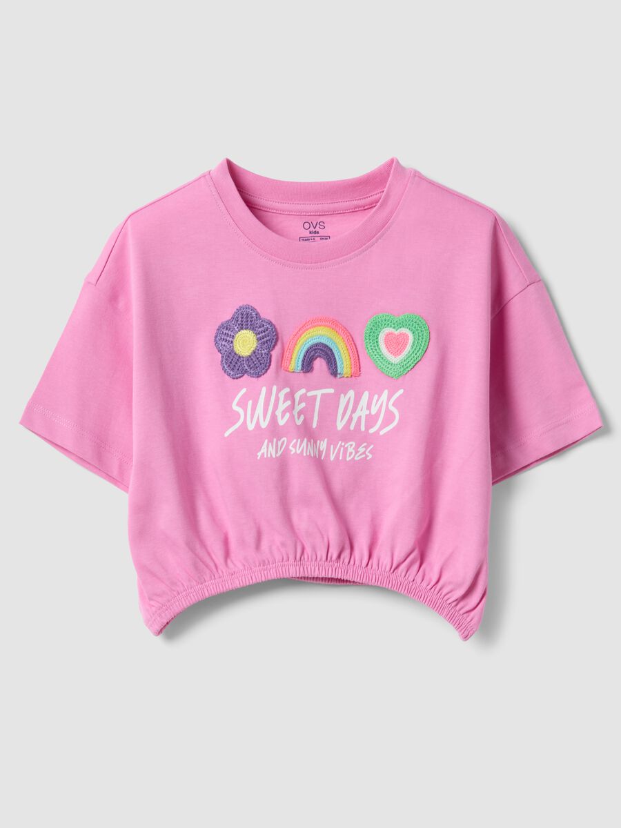 Pink pure cotton girls&rsquo; boxy-fit T-shirt with appliqu&eacute;s_0