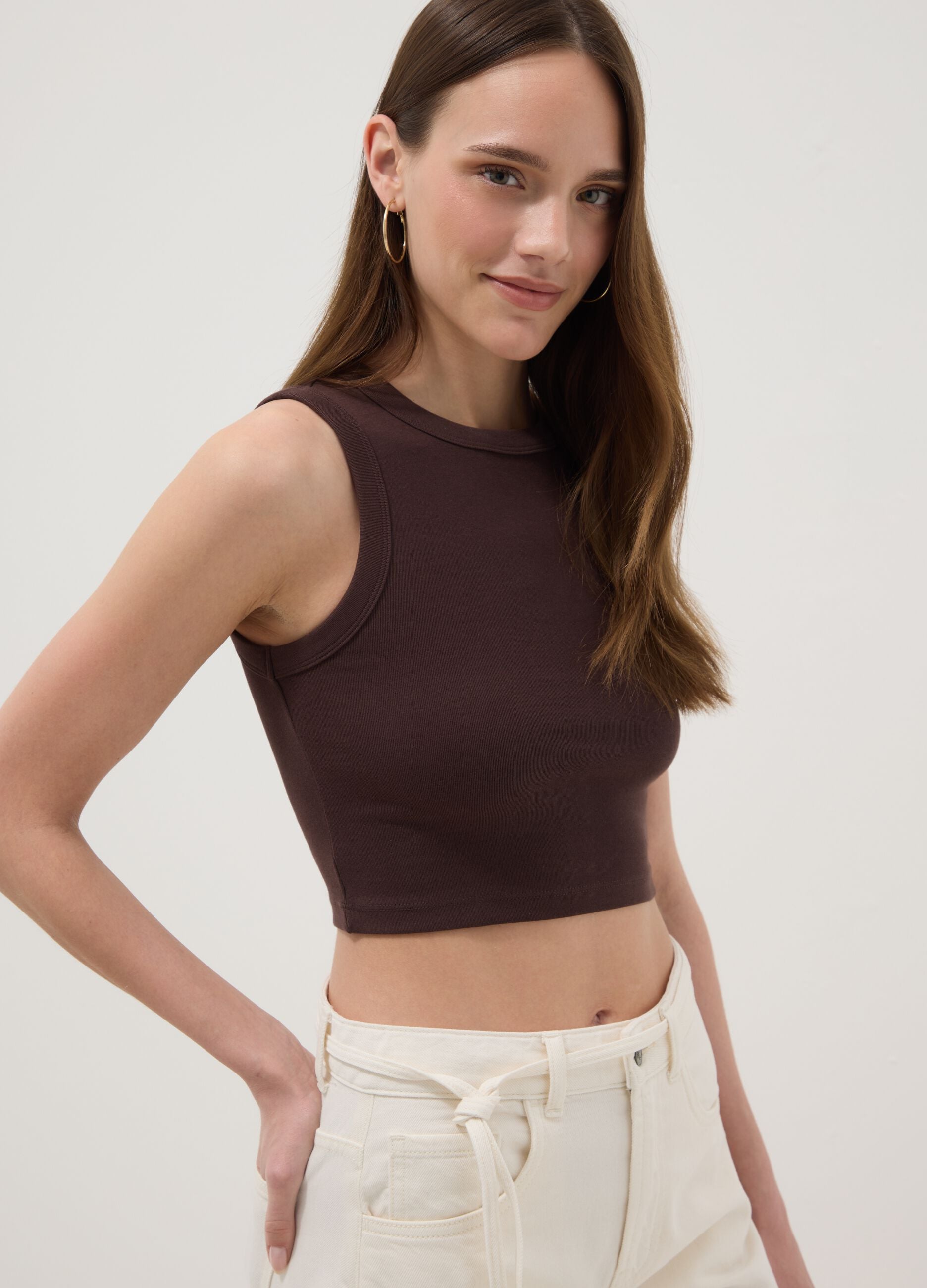Brown cotton-stretch cropped tank top