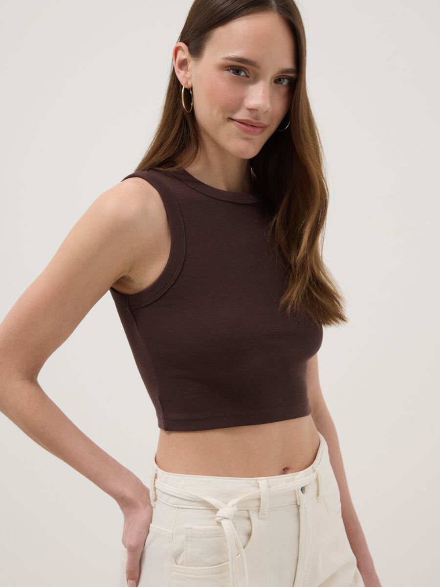 Brown cotton-stretch cropped tank top_0