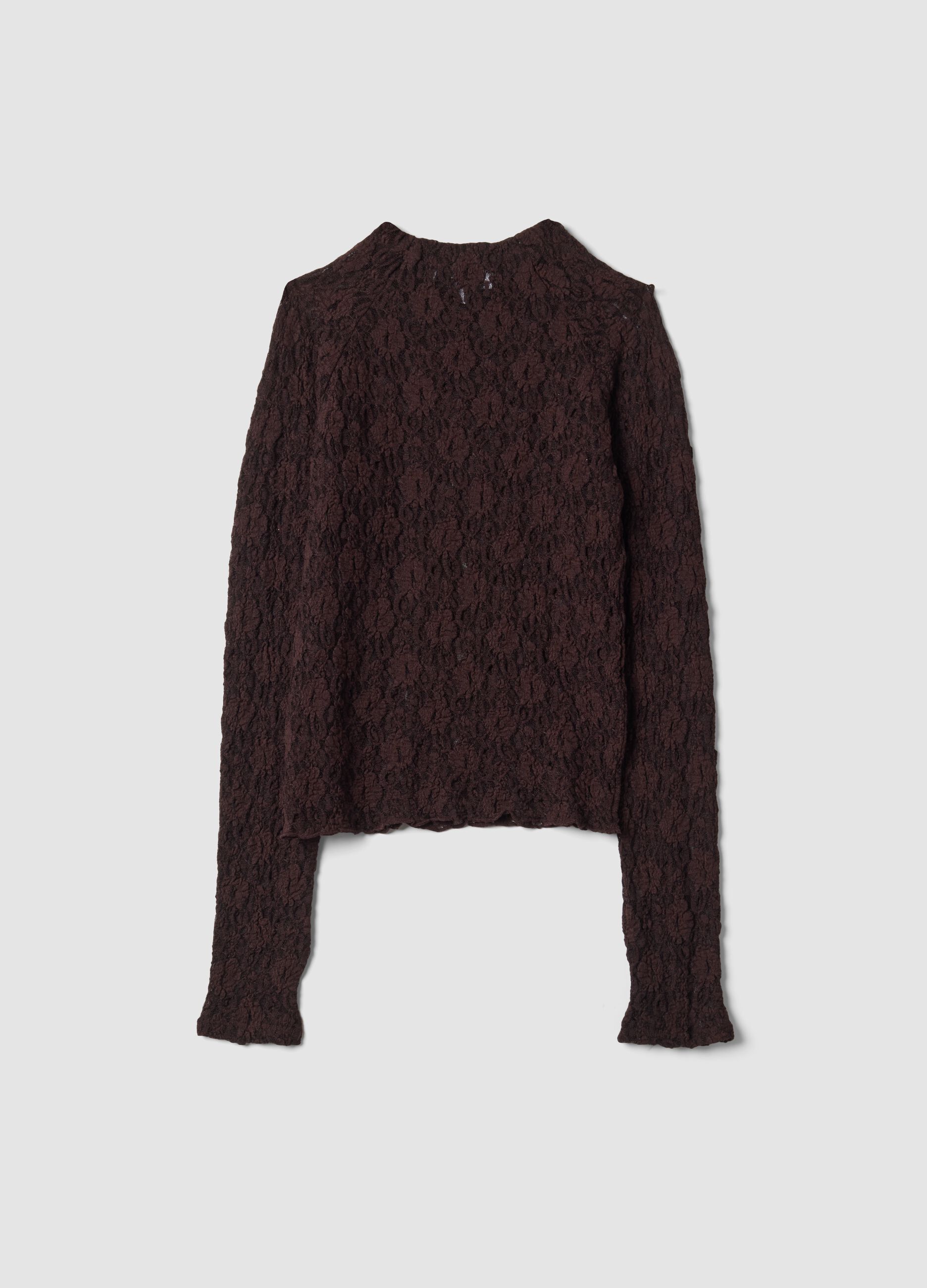 Brown perforated stretch-fabric T-shirt with raised collar