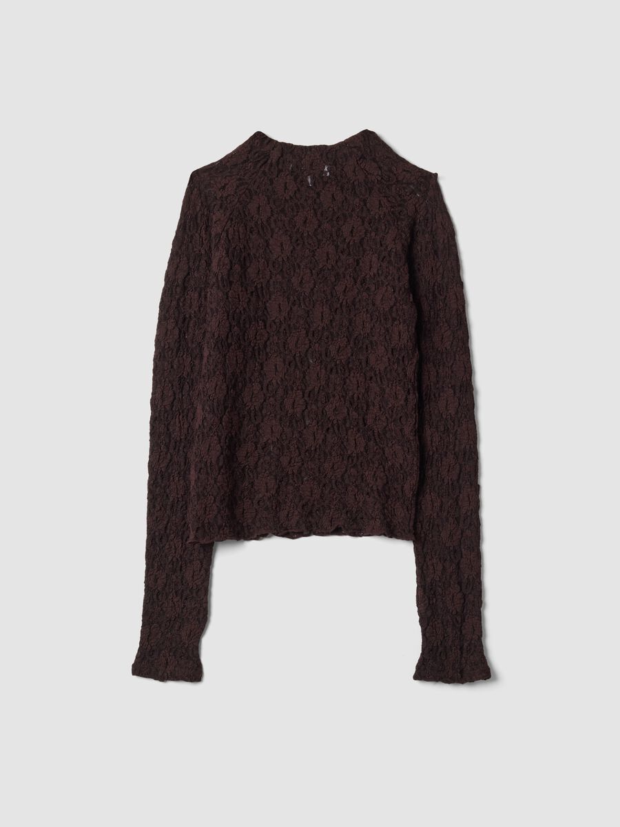 Brown perforated stretch-fabric T-shirt with raised collar_2