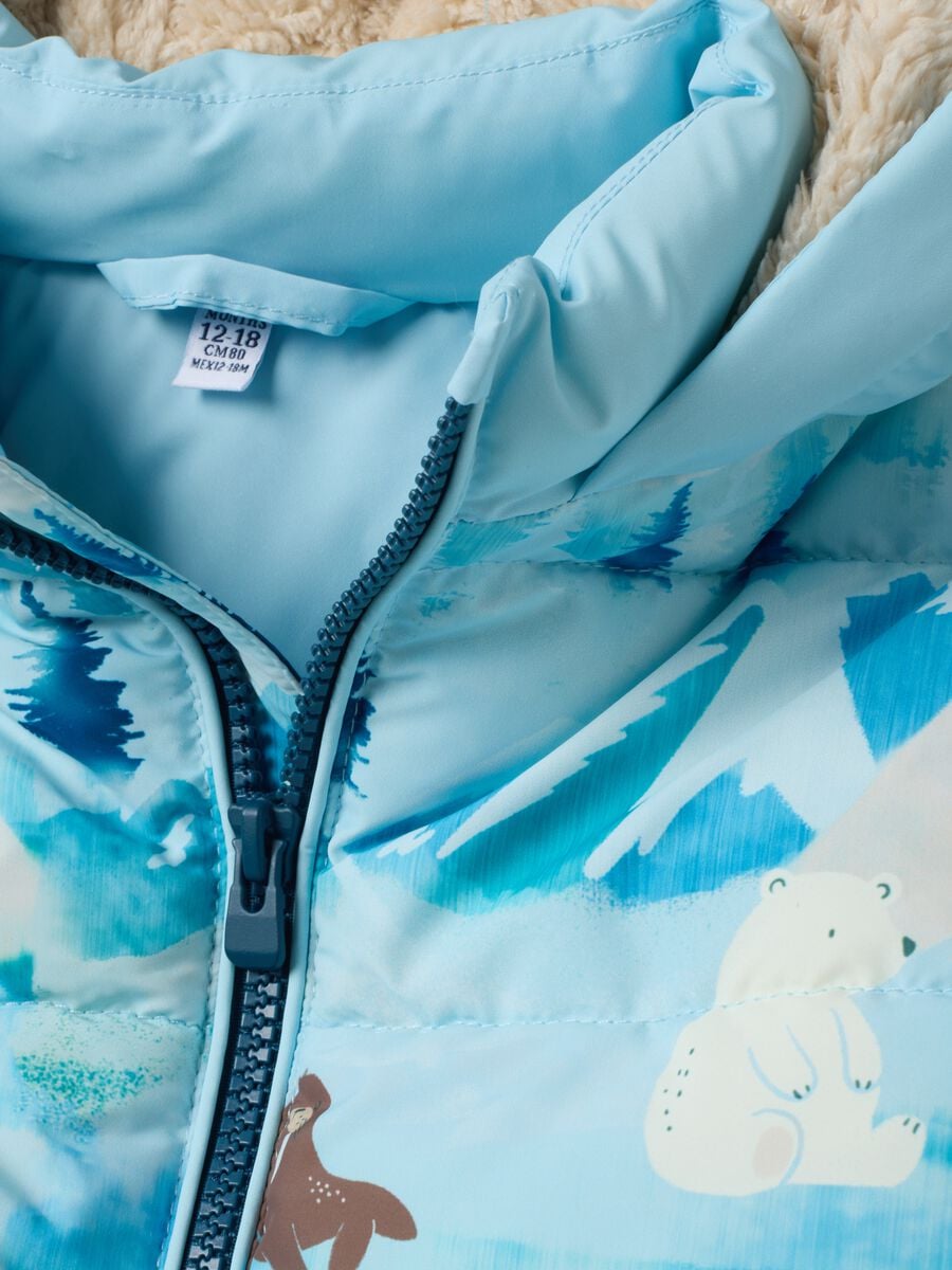 Blue padded hooded jacket with animal print, regular fit_2