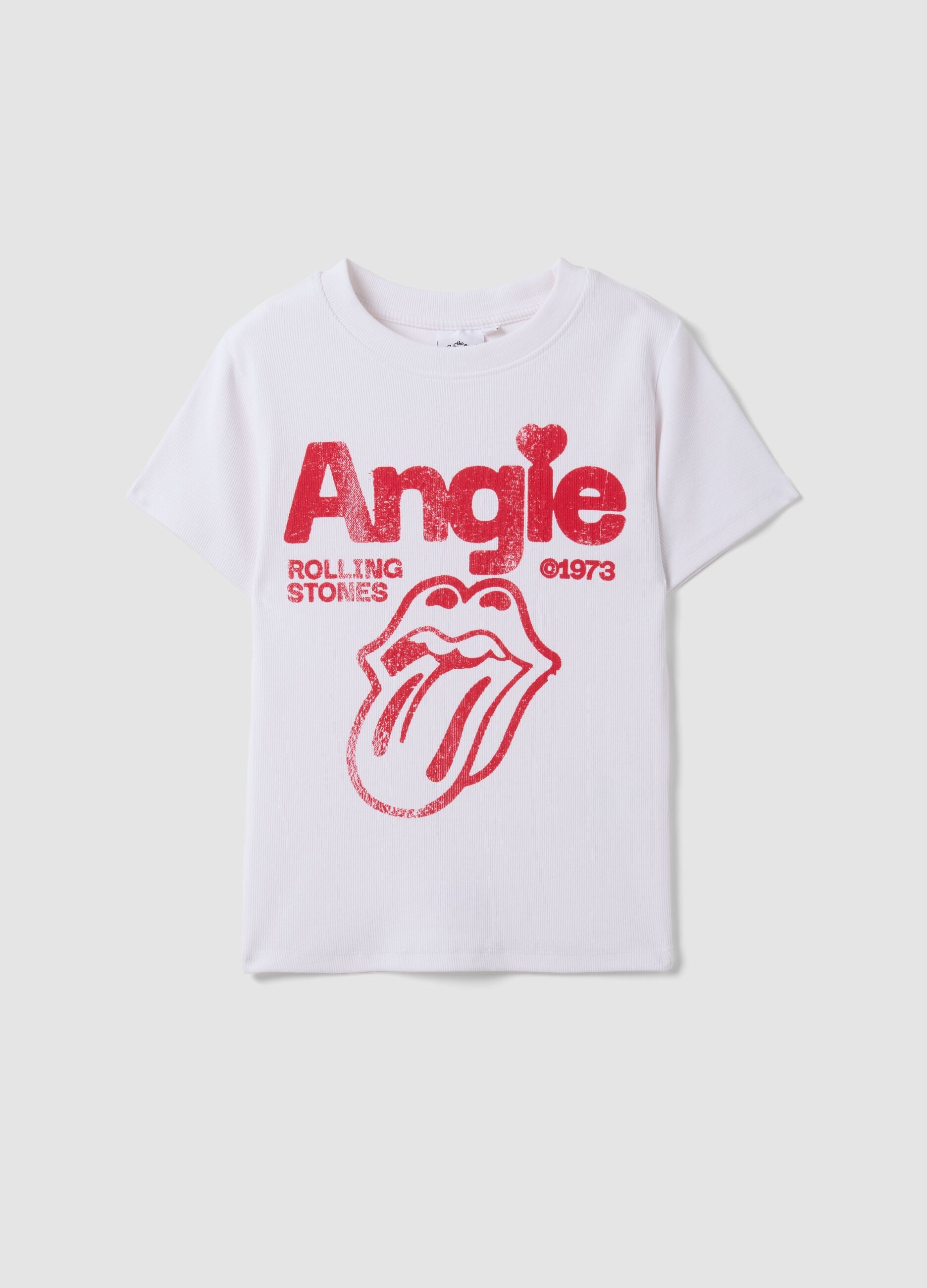 White stretch cotton T-shirt with Rolling Stones print