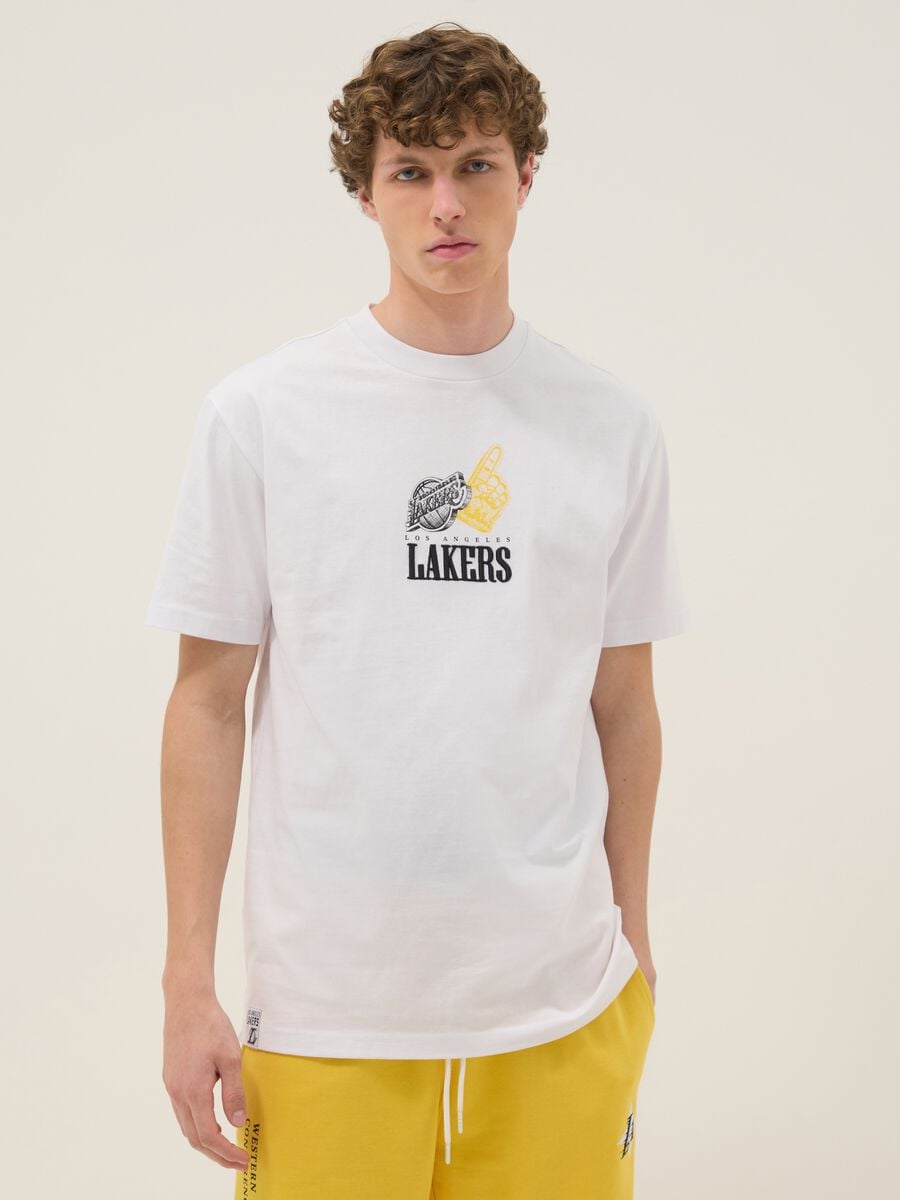 White pure cotton T-shirt with Los Angeles Lakers logo_0