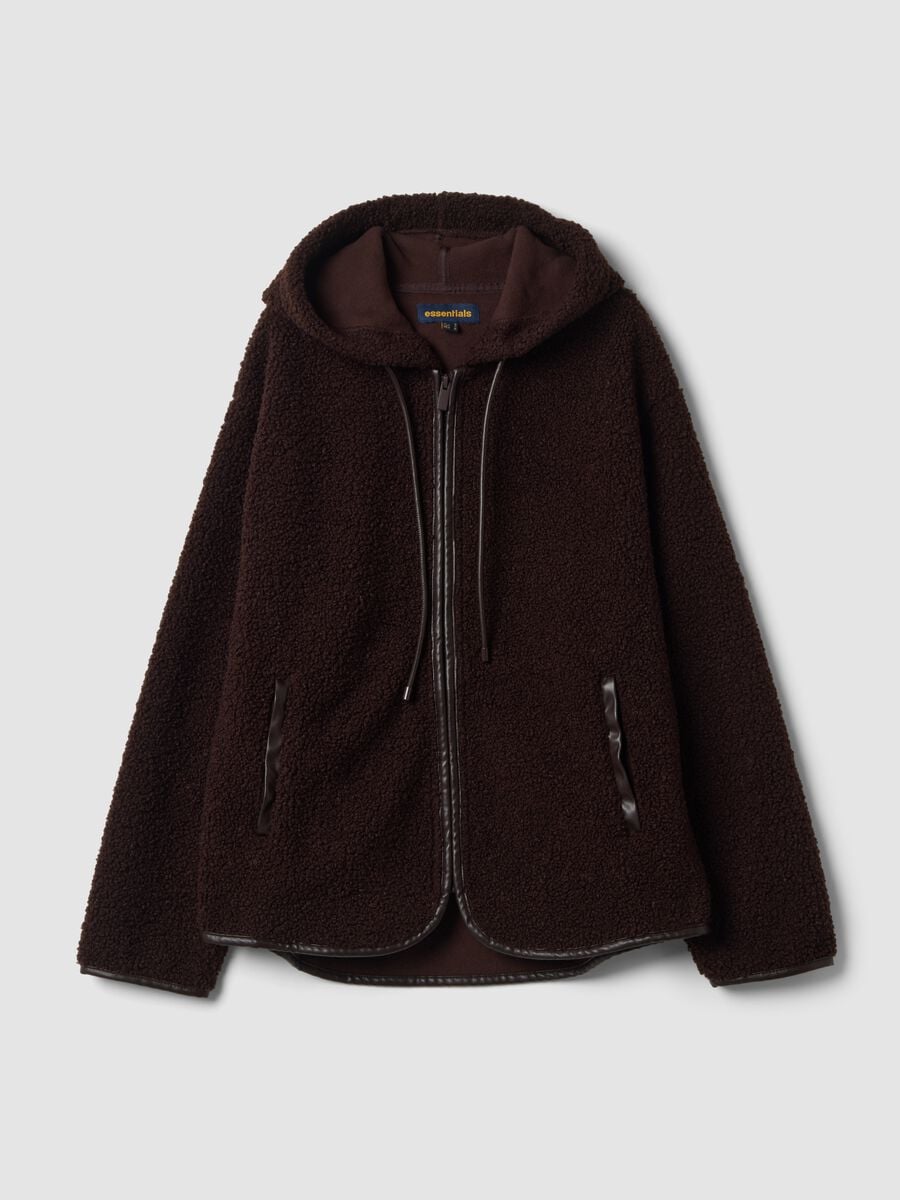Dark brown sherpa hoodie sweatshirt with crew neck_0