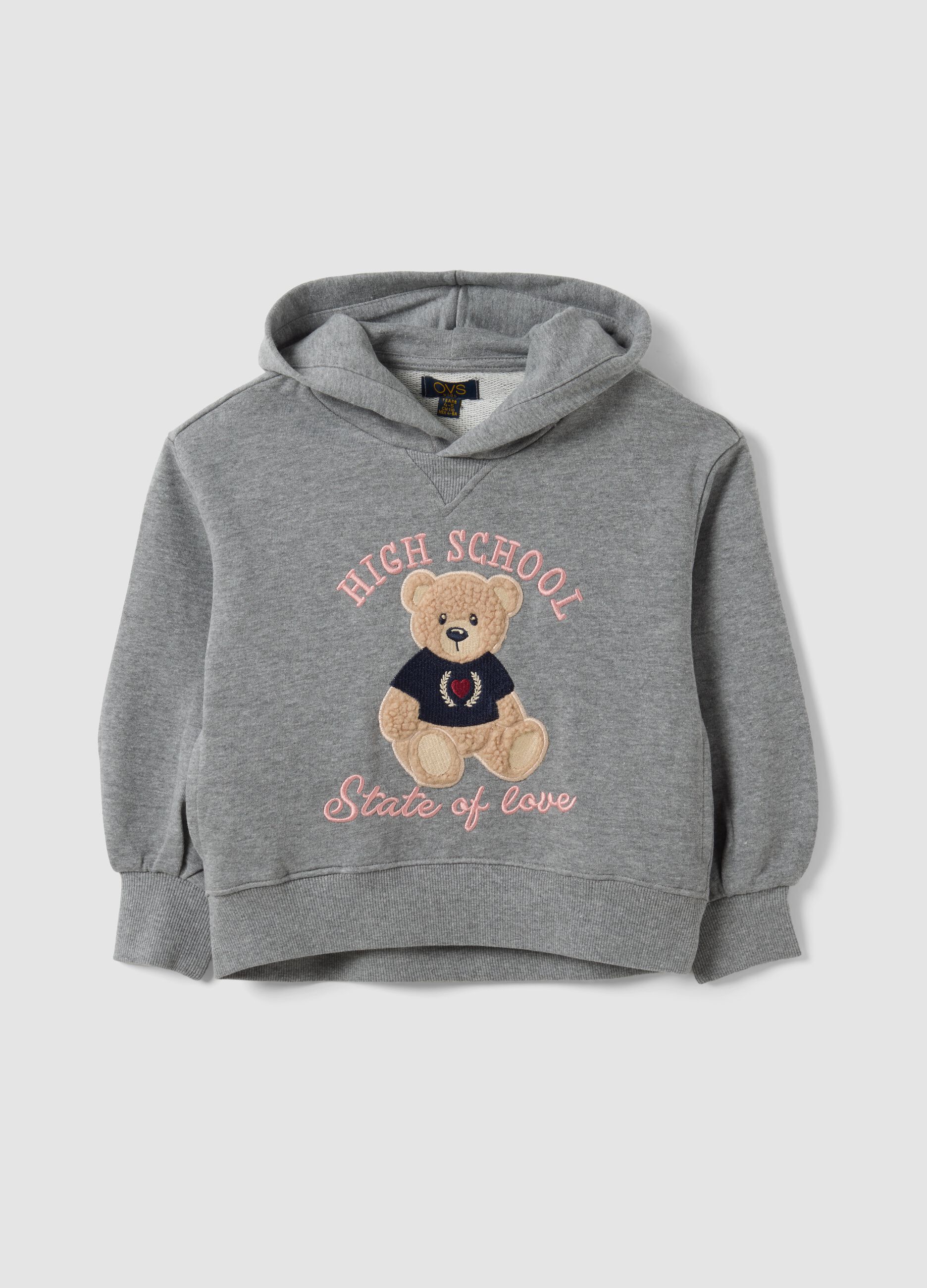 Grey cotton-viscose blend sweatshirt with embroidered teddy bear for girls