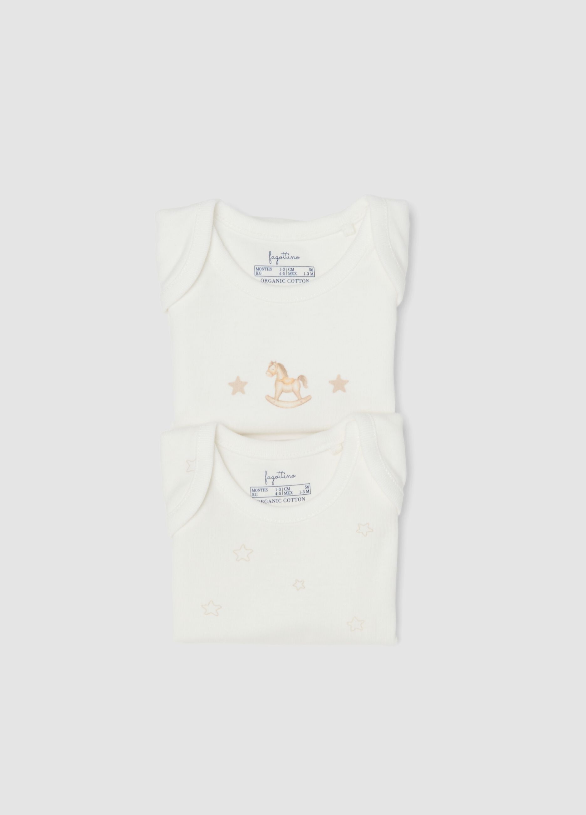 Two-pack of white organic cotton bodysuits with prints