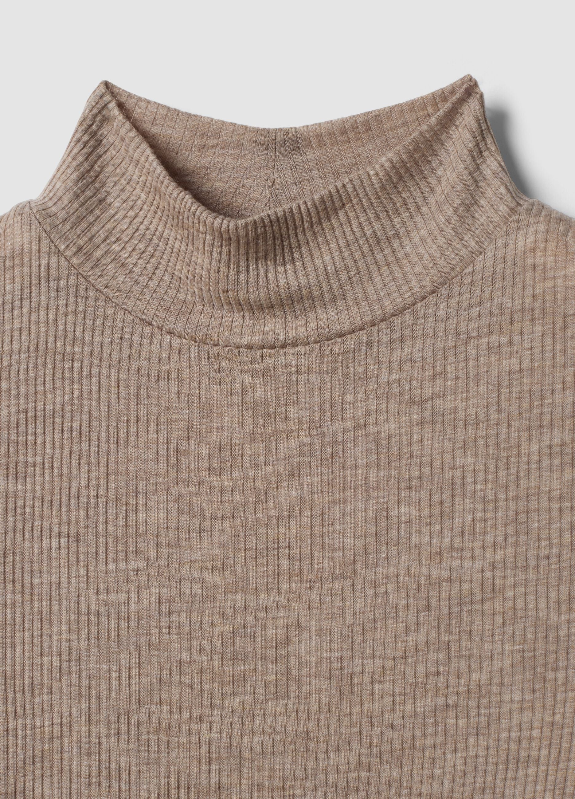 Beige ribbed lyocell-wool blend T-shirt, regular fit