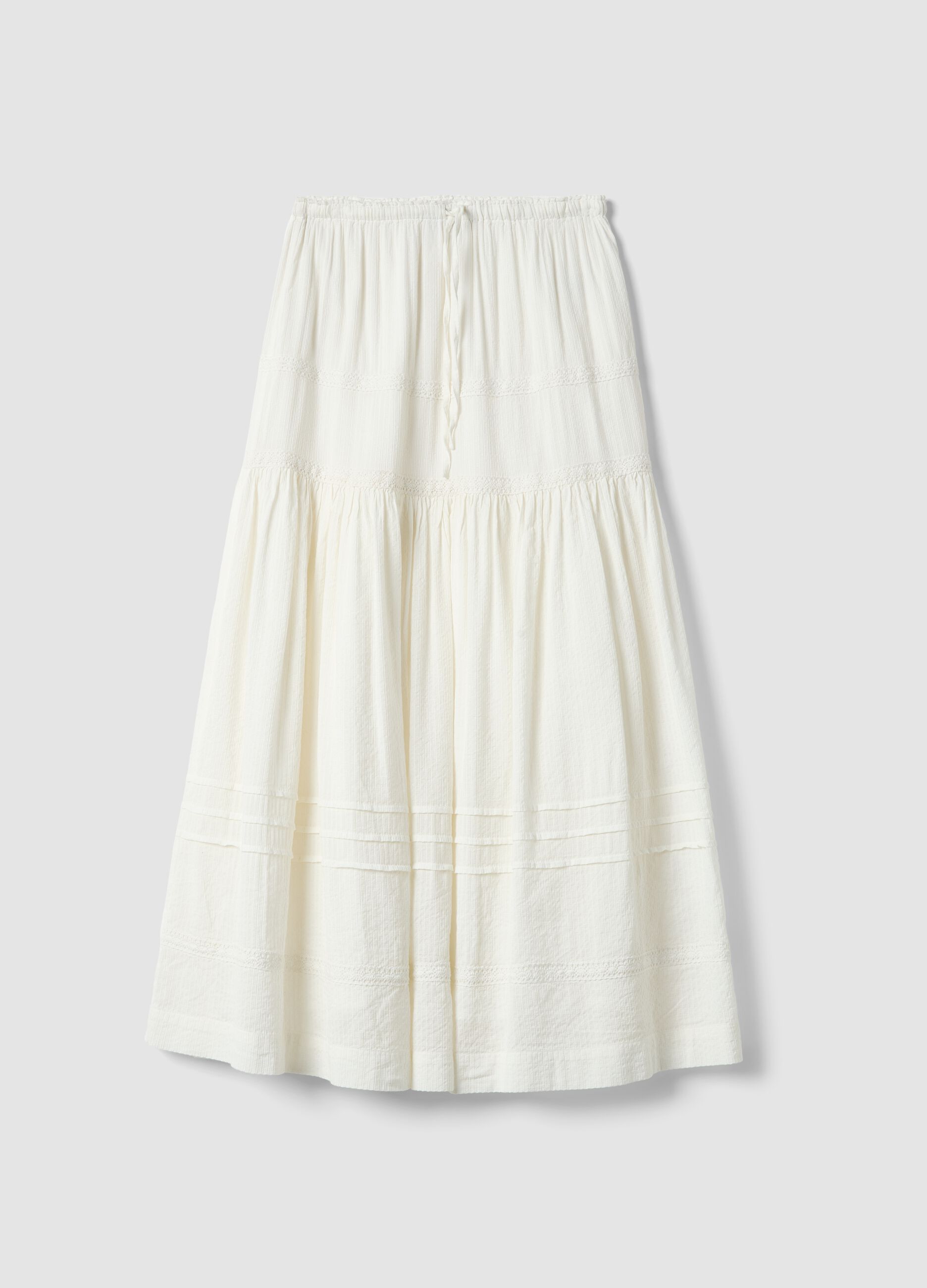 Long white mixed cotton skirt, regular fit with embroidery